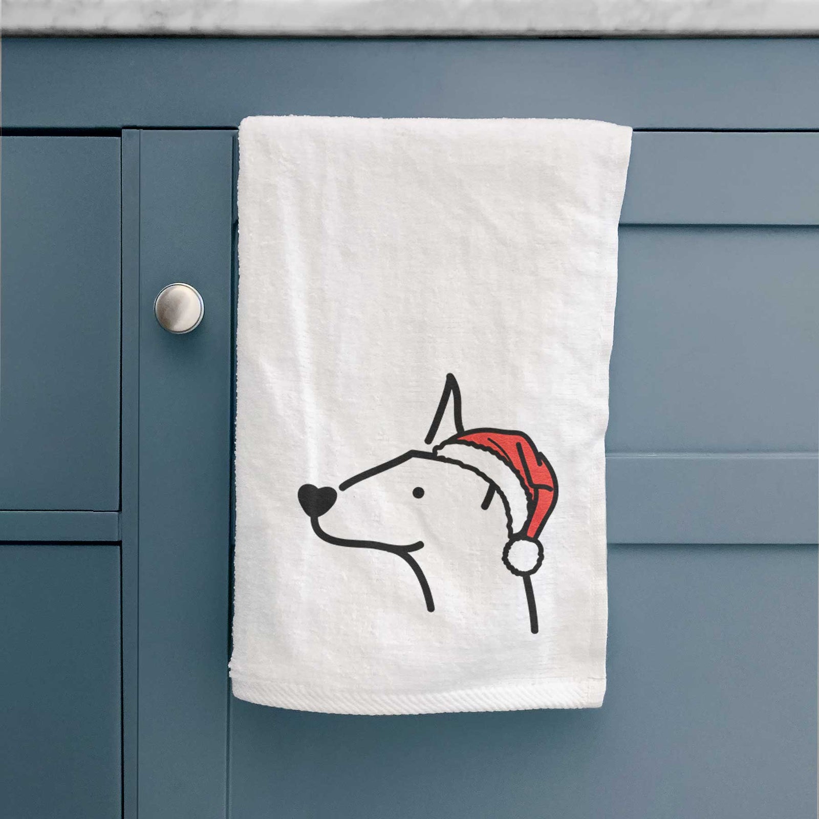 Minimalist line drawing of a Doberman Pinscher wearing a Santa hat on a decorative hand towel