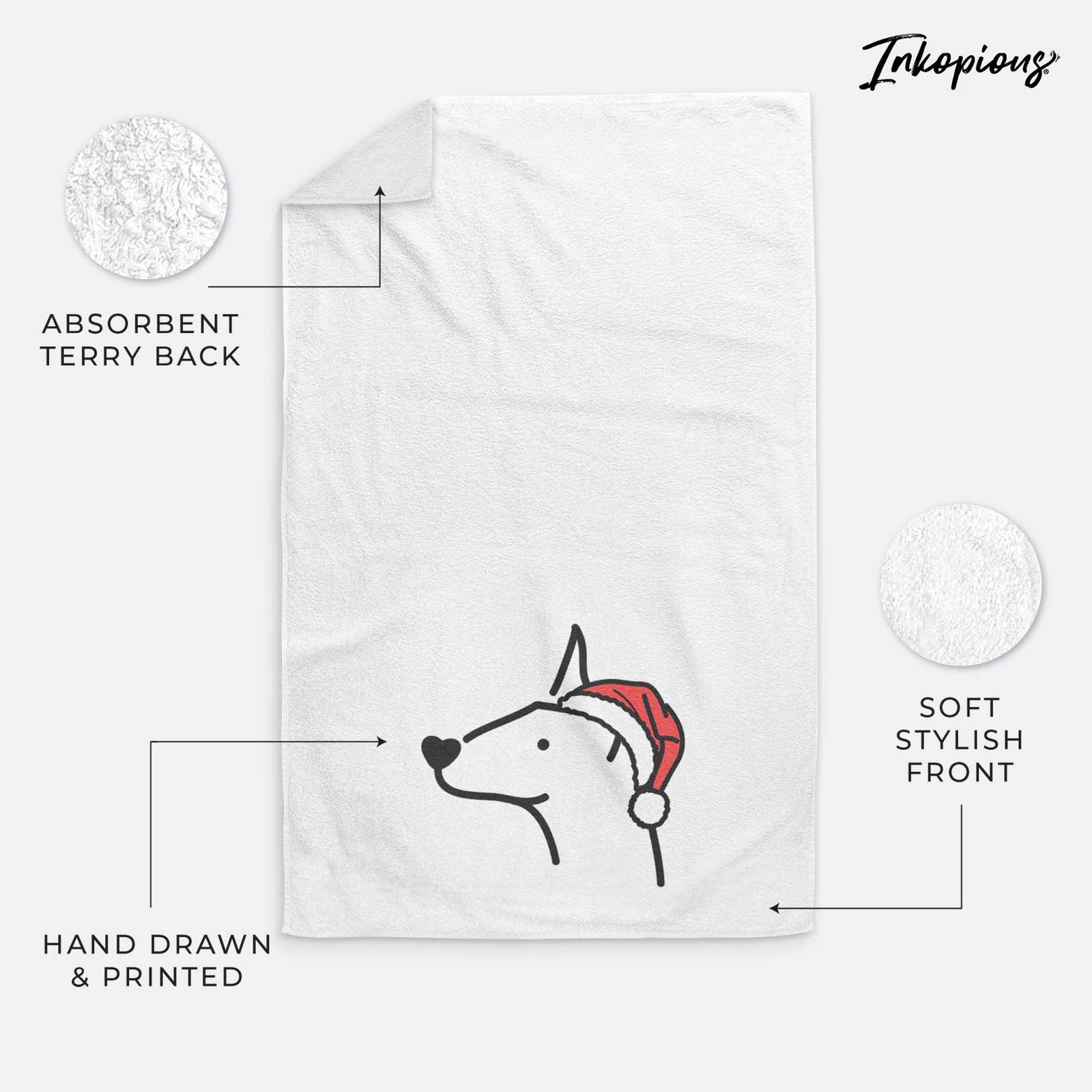 Minimalist line drawing of a Doberman Pinscher wearing a Santa hat on a decorative hand towel