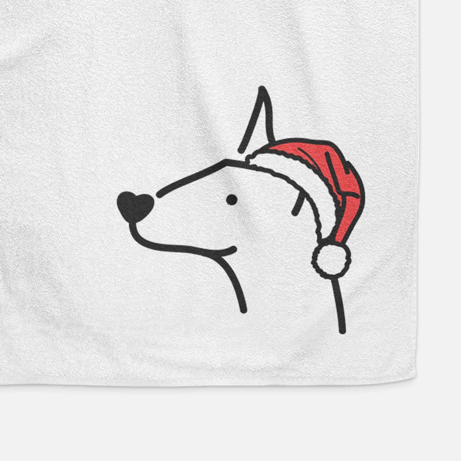 Minimalist line drawing of a Doberman Pinscher wearing a Santa hat on a decorative hand towel