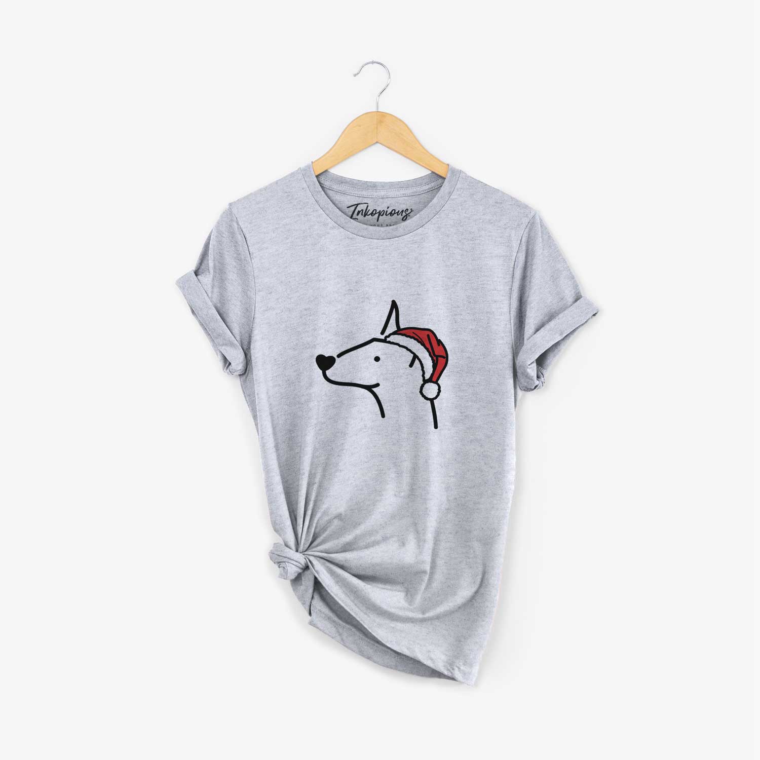 Minimalist line drawing of a Doberman Pinscher wearing a Santa hat on a Grey Unisex crewneck