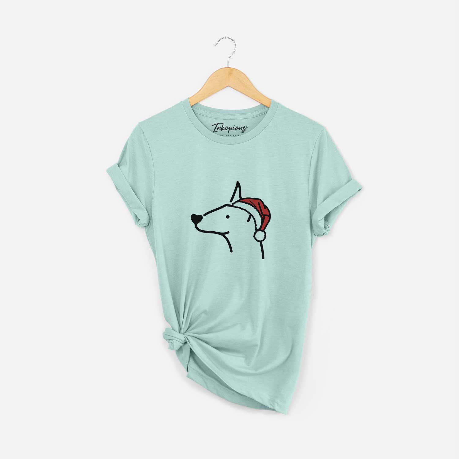 Minimalist line drawing of a Doberman Pinscher wearing a Santa hat on a Heather Sage Unisex crewneck