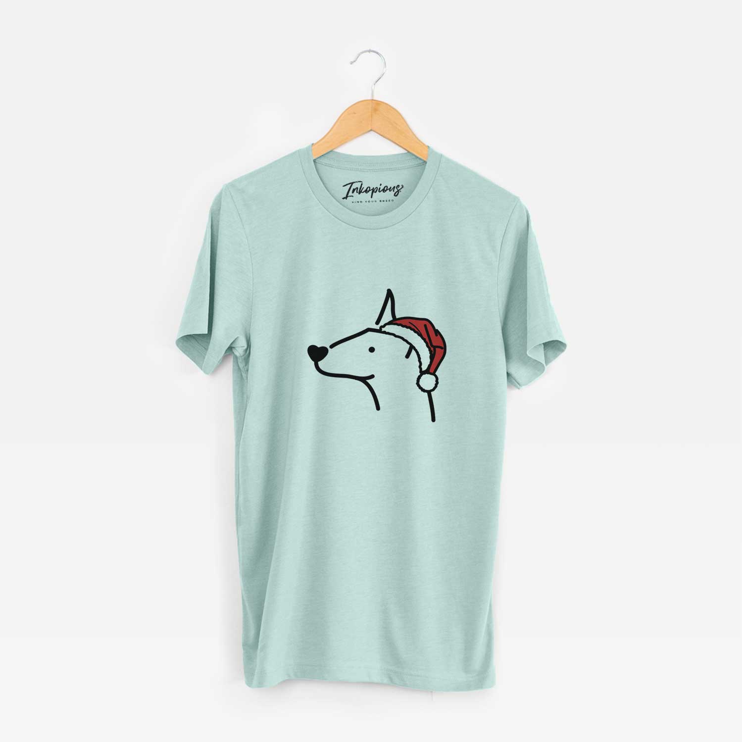 Minimalist line drawing of a Doberman Pinscher wearing a Santa hat on a Heather Sage Unisex crewneck
