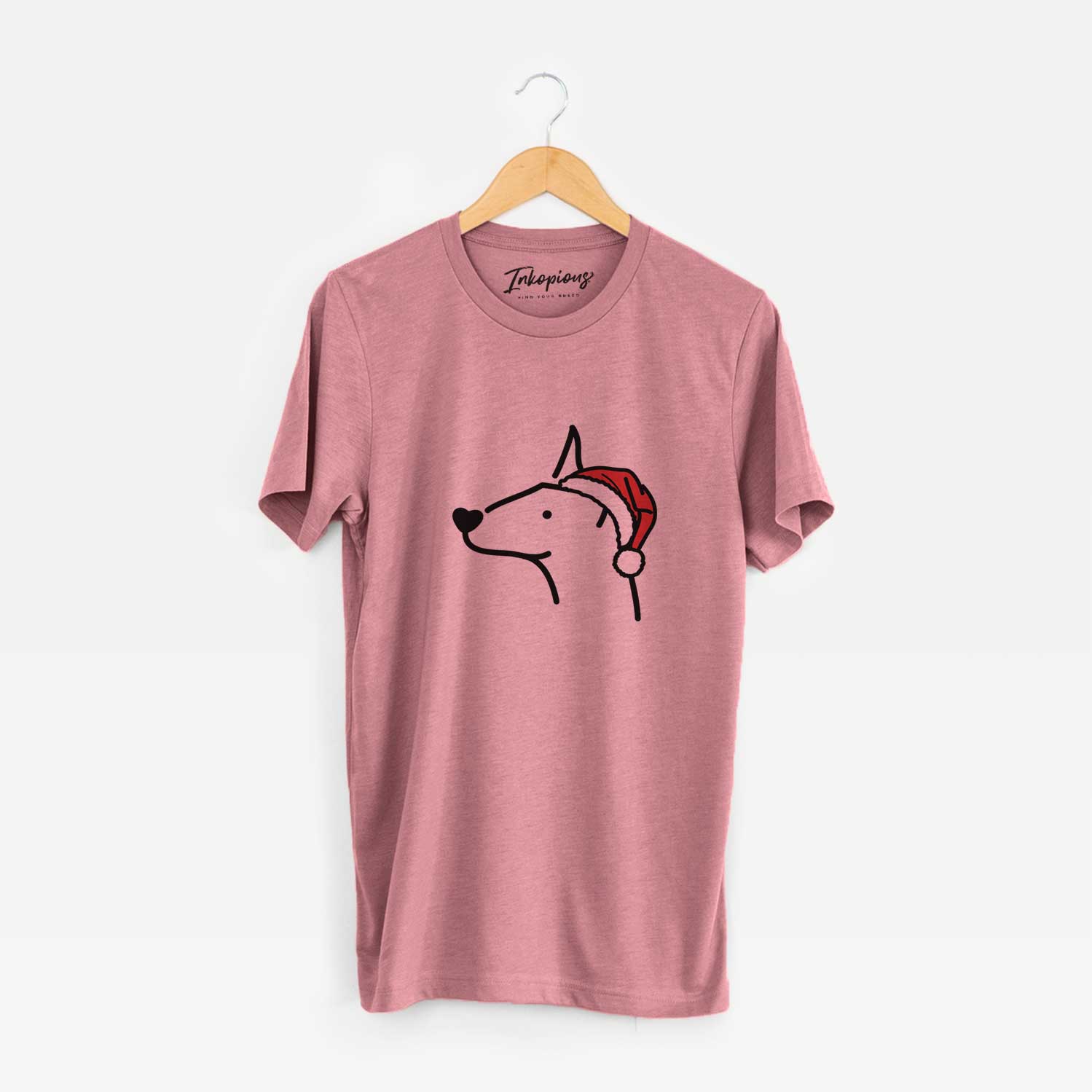 Minimalist line drawing of a Doberman Pinscher wearing a Santa hat on a Mauve Unisex crewneck