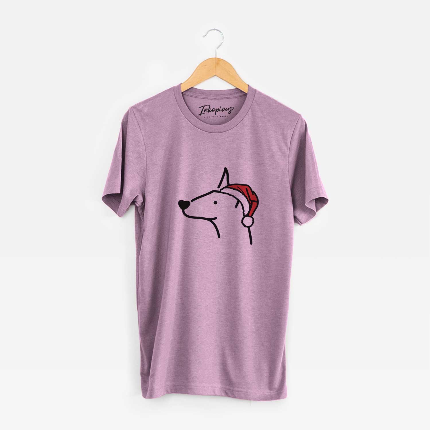 Minimalist line drawing of a Doberman Pinscher wearing a Santa hat on an Orchid Unisex crewneck