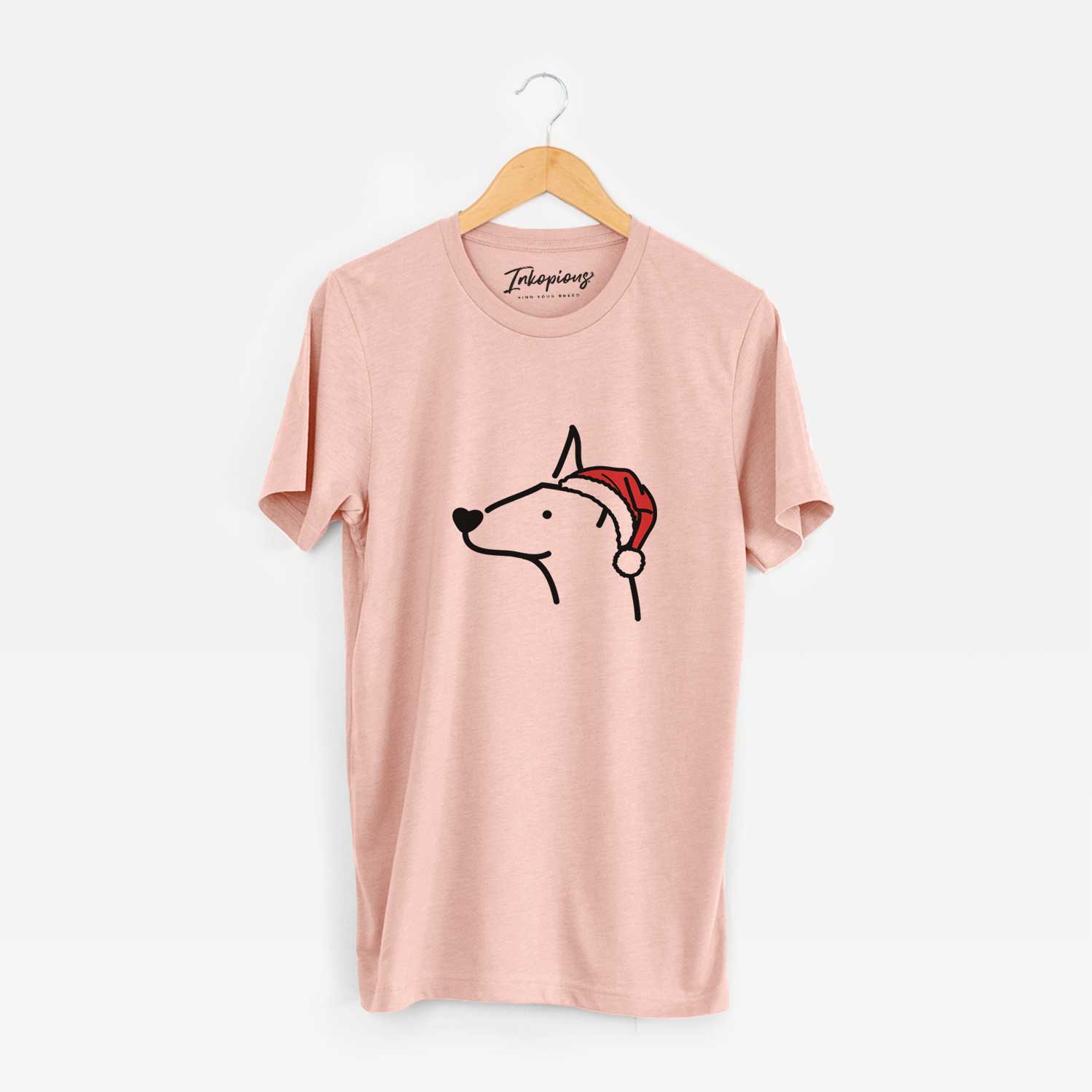 Minimalist line drawing of a Doberman Pinscher wearing a Santa hat on a Peach Unisex crewneck