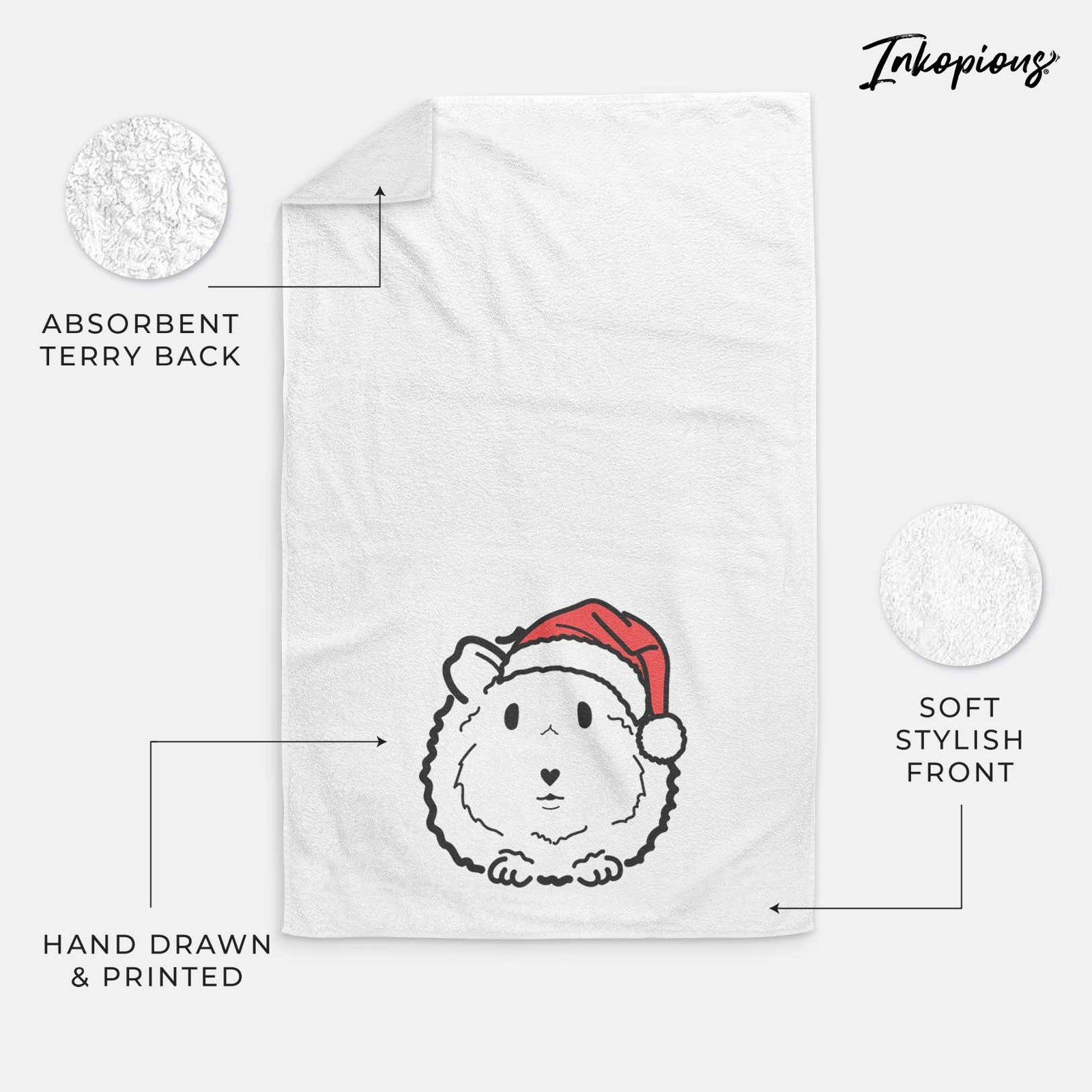 Minimalist line drawing of Duke the Guinea Pig wearing a Santa hat on a decorative hand towel