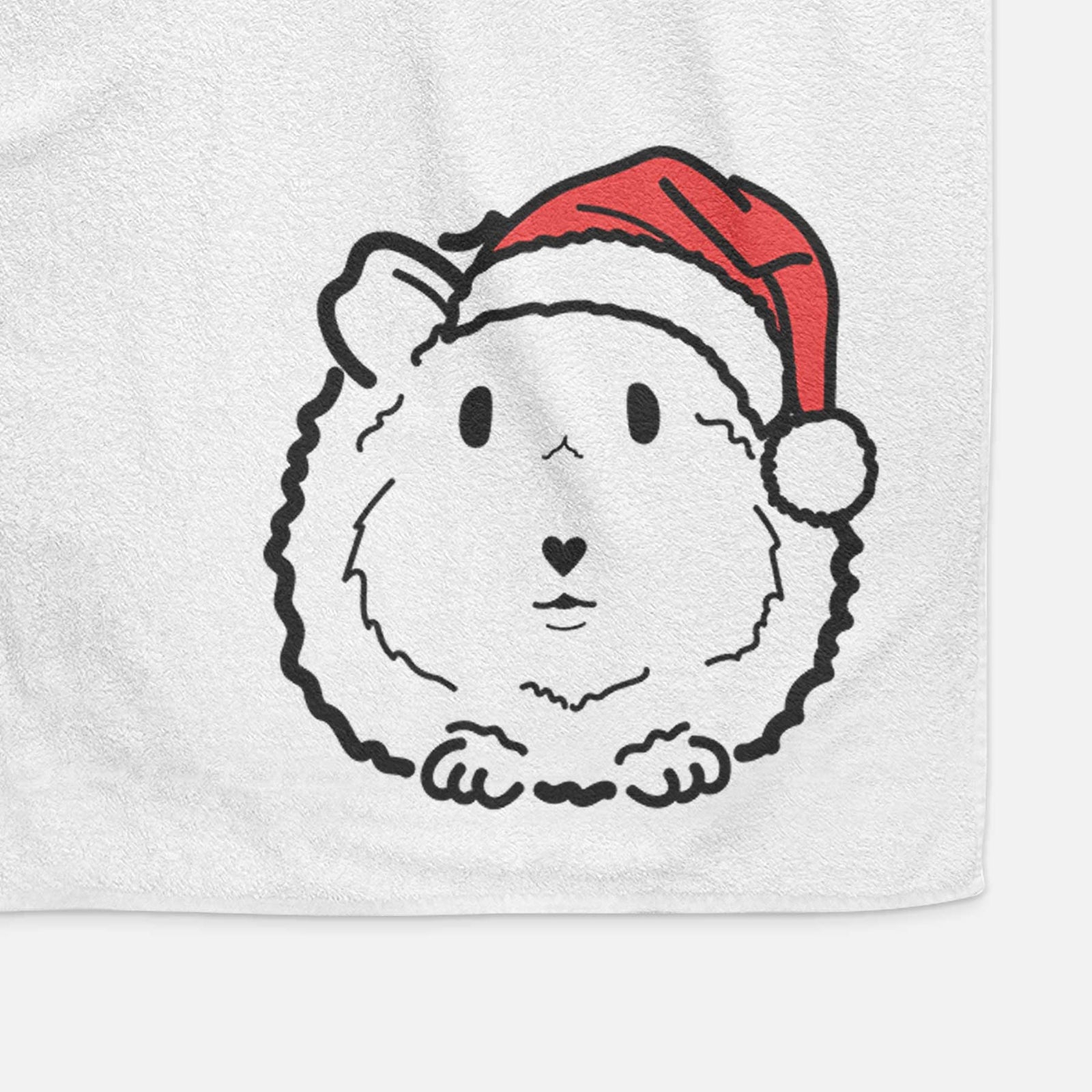 Minimalist line drawing of Duke the Guinea Pig wearing a Santa hat on a decorative hand towel