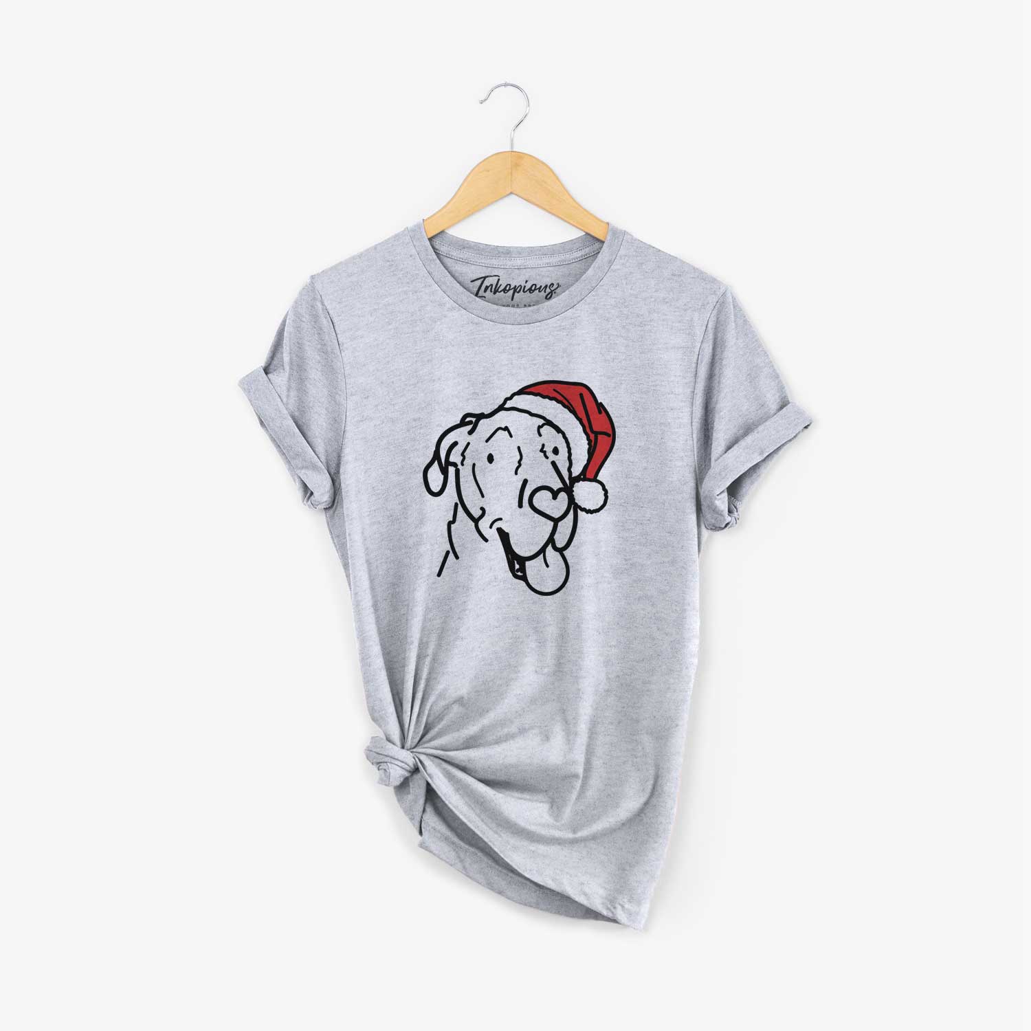 Minimalist line drawing of Duncan the Great Dane wearing a Santa hat on a Grey Unisex crewneck