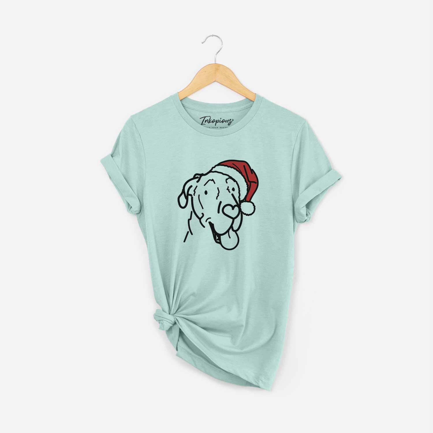 Minimalist line drawing of Duncan the Great Dane wearing a Santa hat on a Heather Sage Unisex crewneck