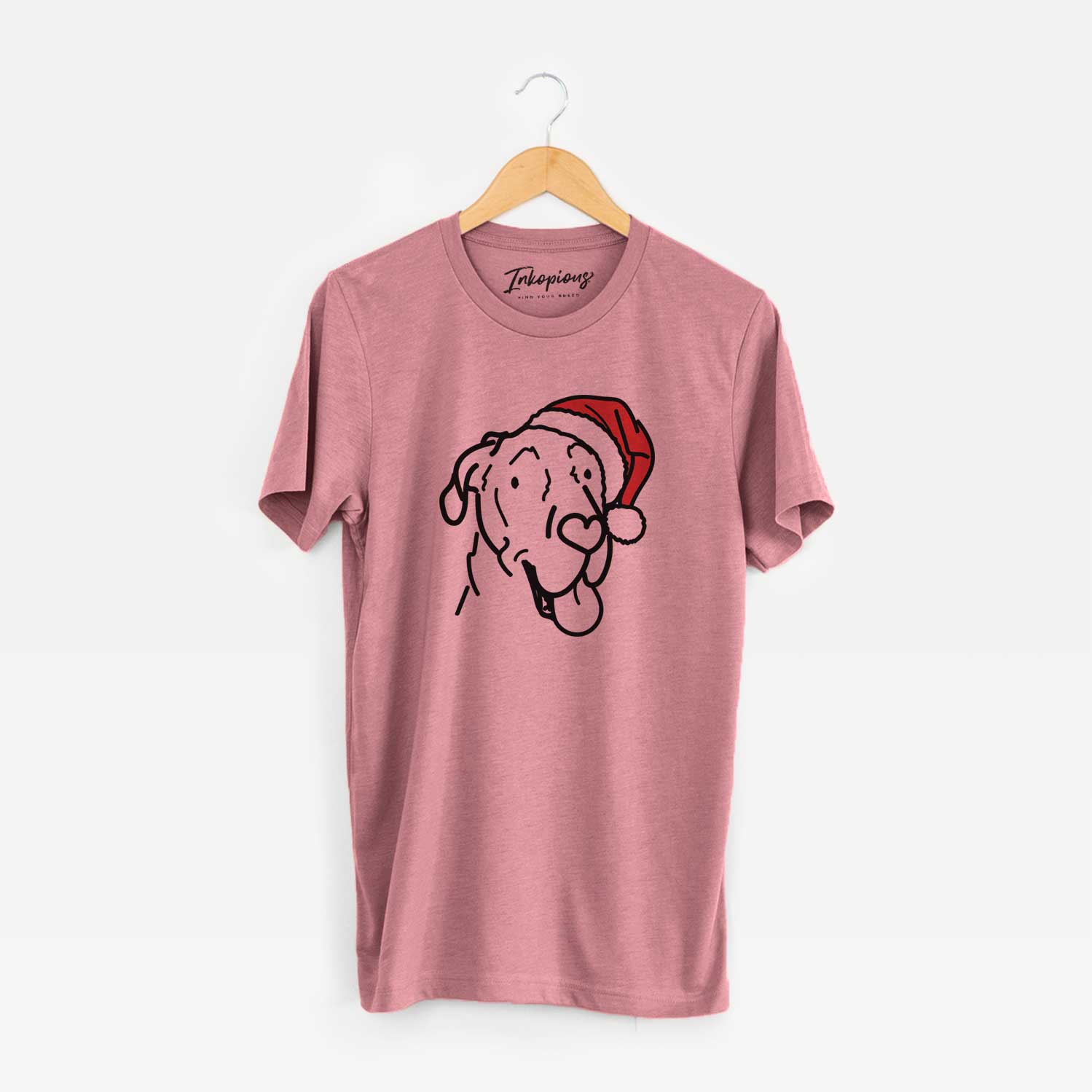 Minimalist line drawing of Duncan the Great Dane wearing a Santa hat on a Mauve Unisex crewneck