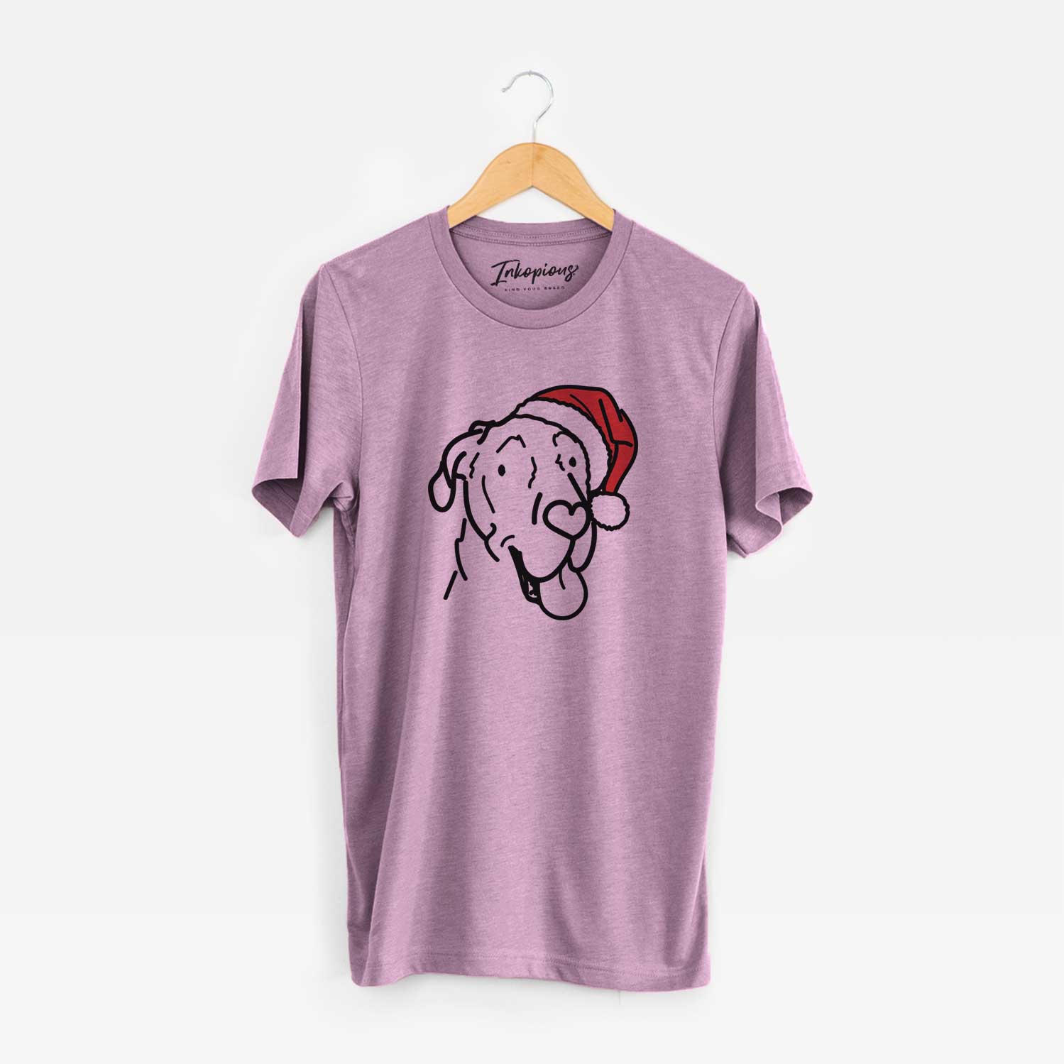 Minimalist line drawing of Duncan the Great Dane wearing a Santa hat on an Orchid Unisex crewneck