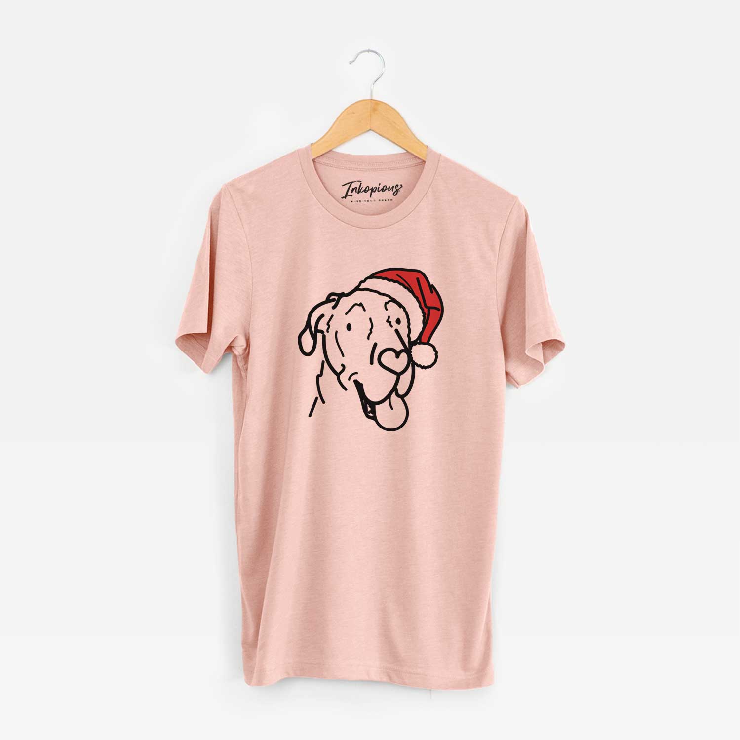 Minimalist line drawing of Duncan the Great Dane wearing a Santa hat on a Peach Unisex crewneck