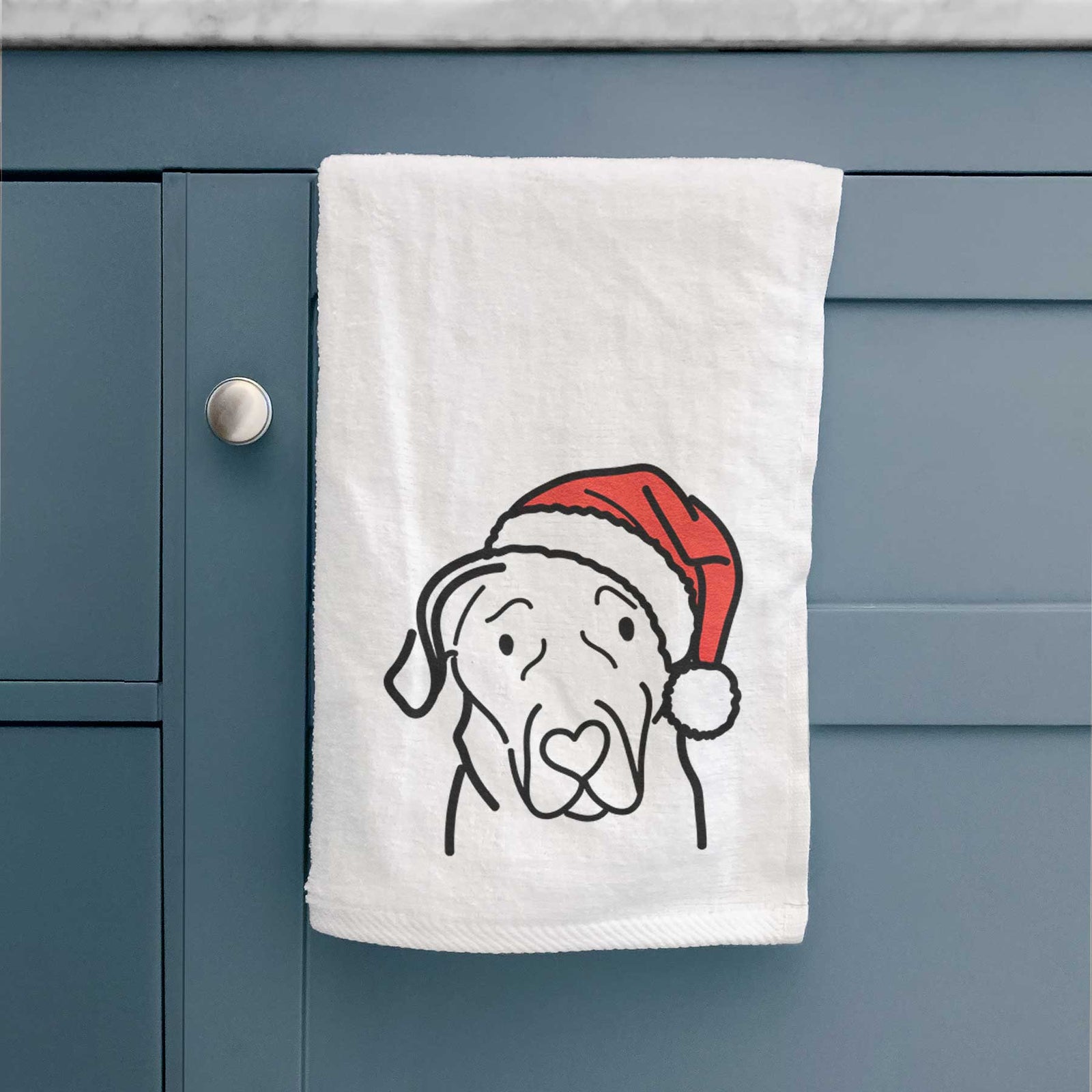 Minimalist line drawing of an English Labrador wearing a Santa hat on a decorative hand towel