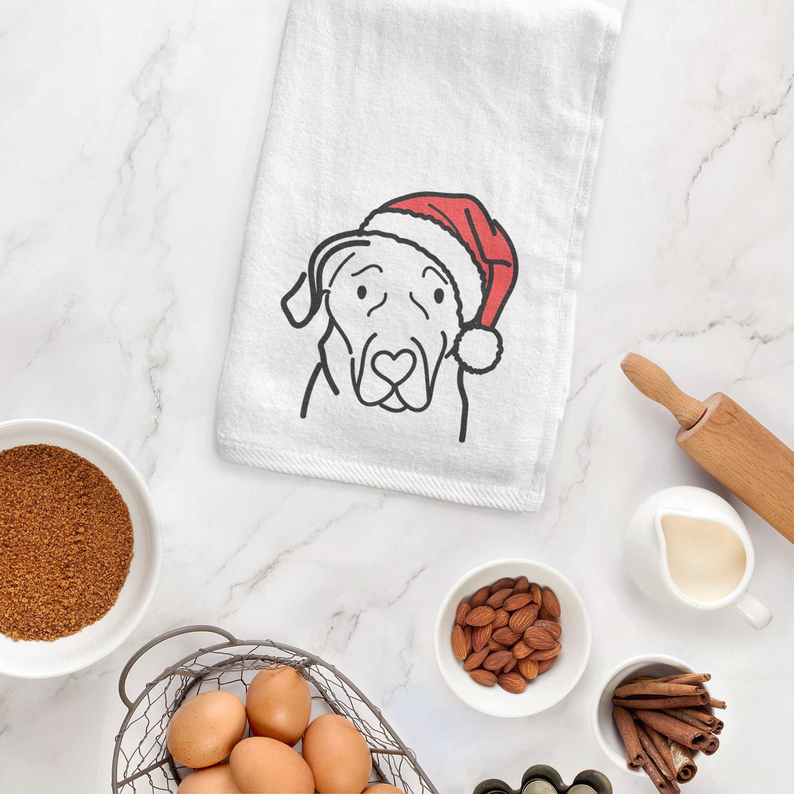 Minimalist line drawing of an English Labrador wearing a Santa hat on a decorative hand towel
