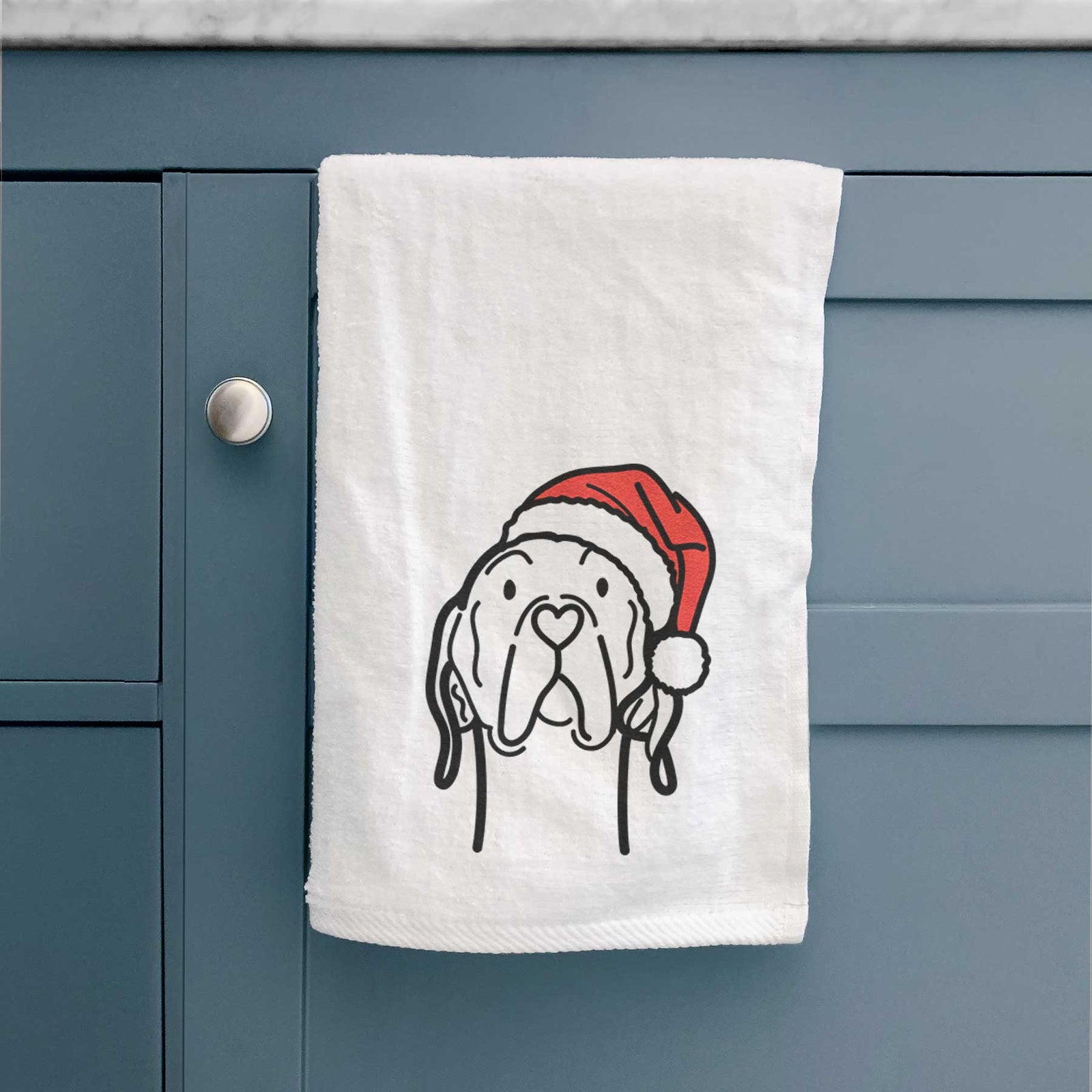 Minimalist line drawing of an English Pointer wearing a Santa hat on a decorative hand towel