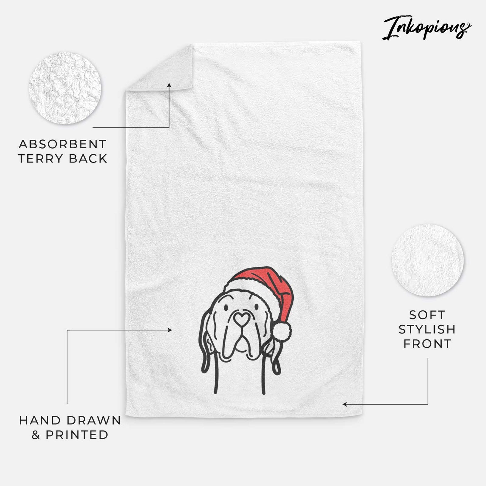 Minimalist line drawing of an English Pointer wearing a Santa hat on a decorative hand towel