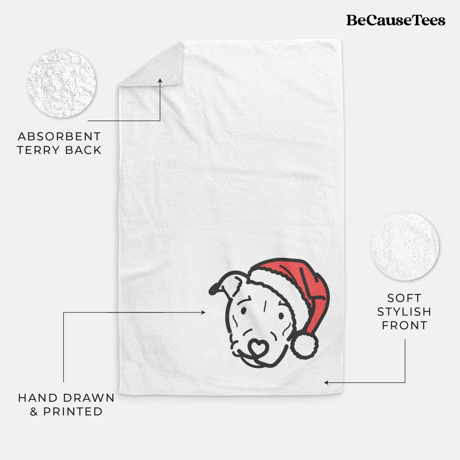 Minimalist line drawing of Ernie the Pitbull Mix wearing a Santa hat on a decorative hand towel