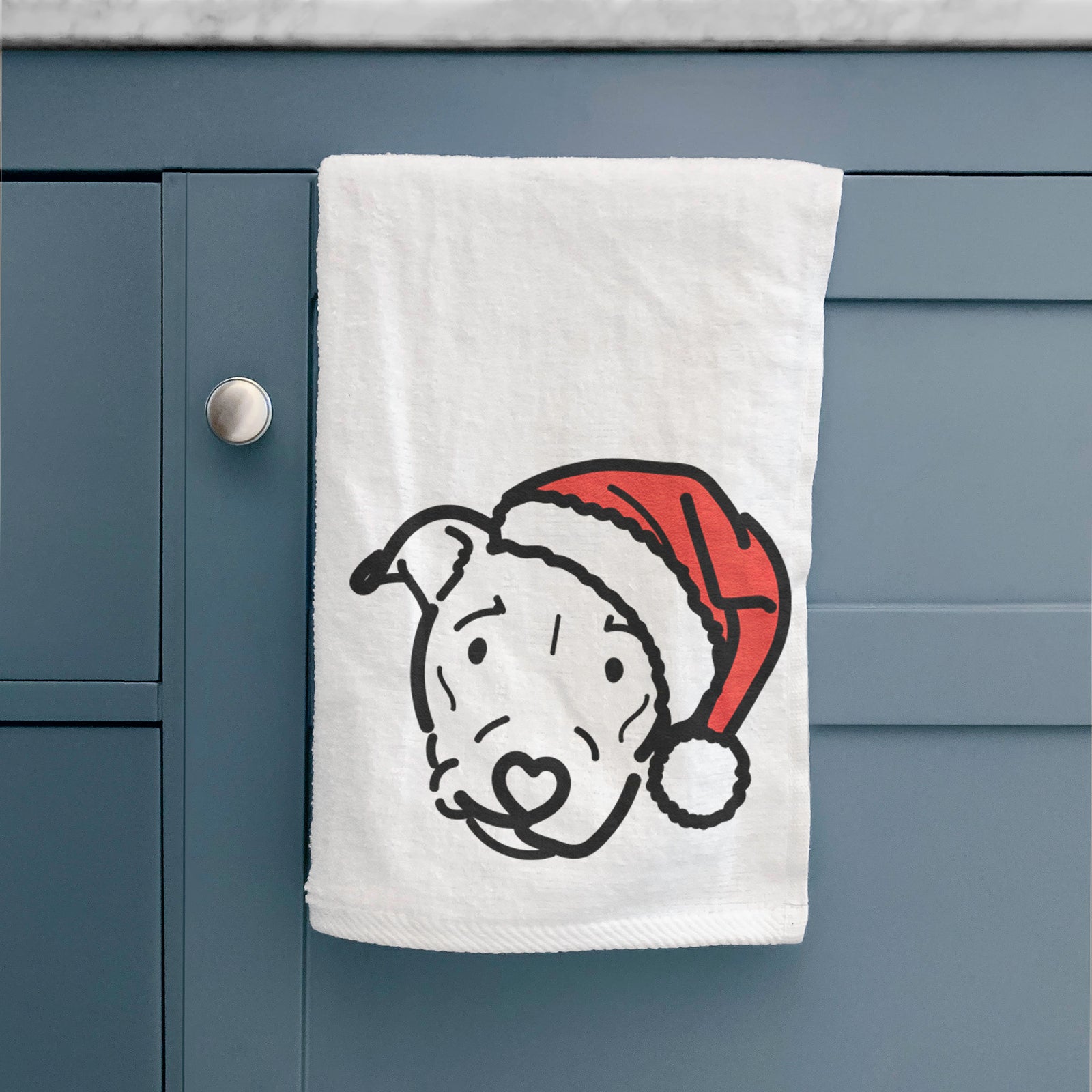 Minimalist line drawing of Ernie the Pitbull Mix wearing a Santa hat on a decorative hand towel