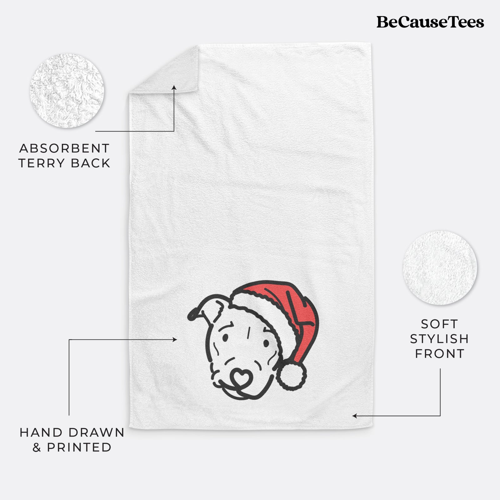 Minimalist line drawing of Ernie the Pitbull Mix wearing a Santa hat on a decorative hand towel