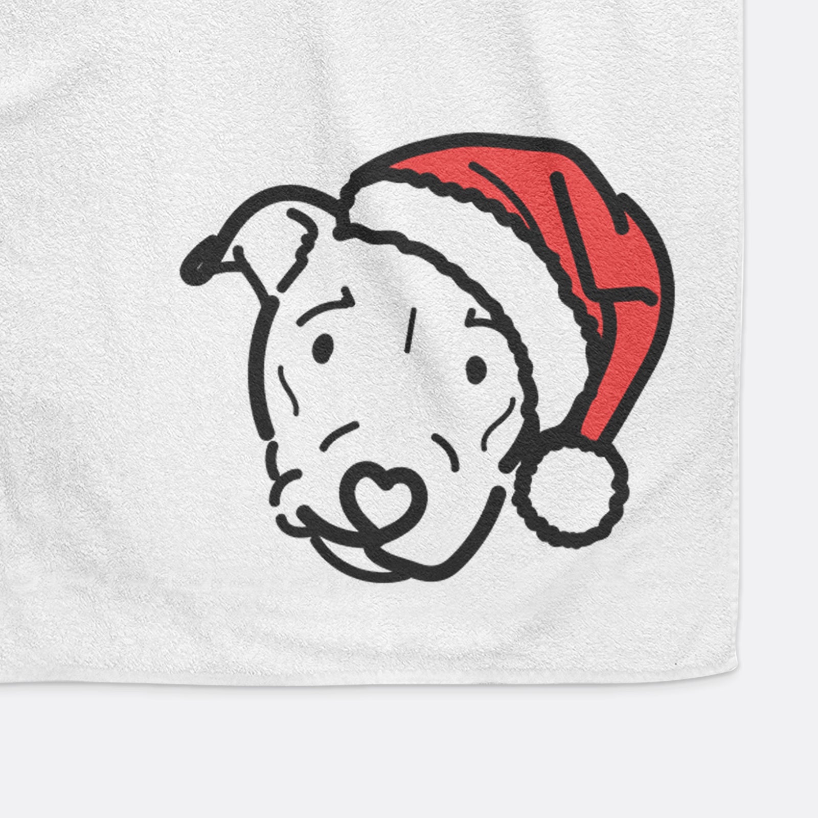 Minimalist line drawing of Ernie the Pitbull Mix wearing a Santa hat on a decorative hand towel