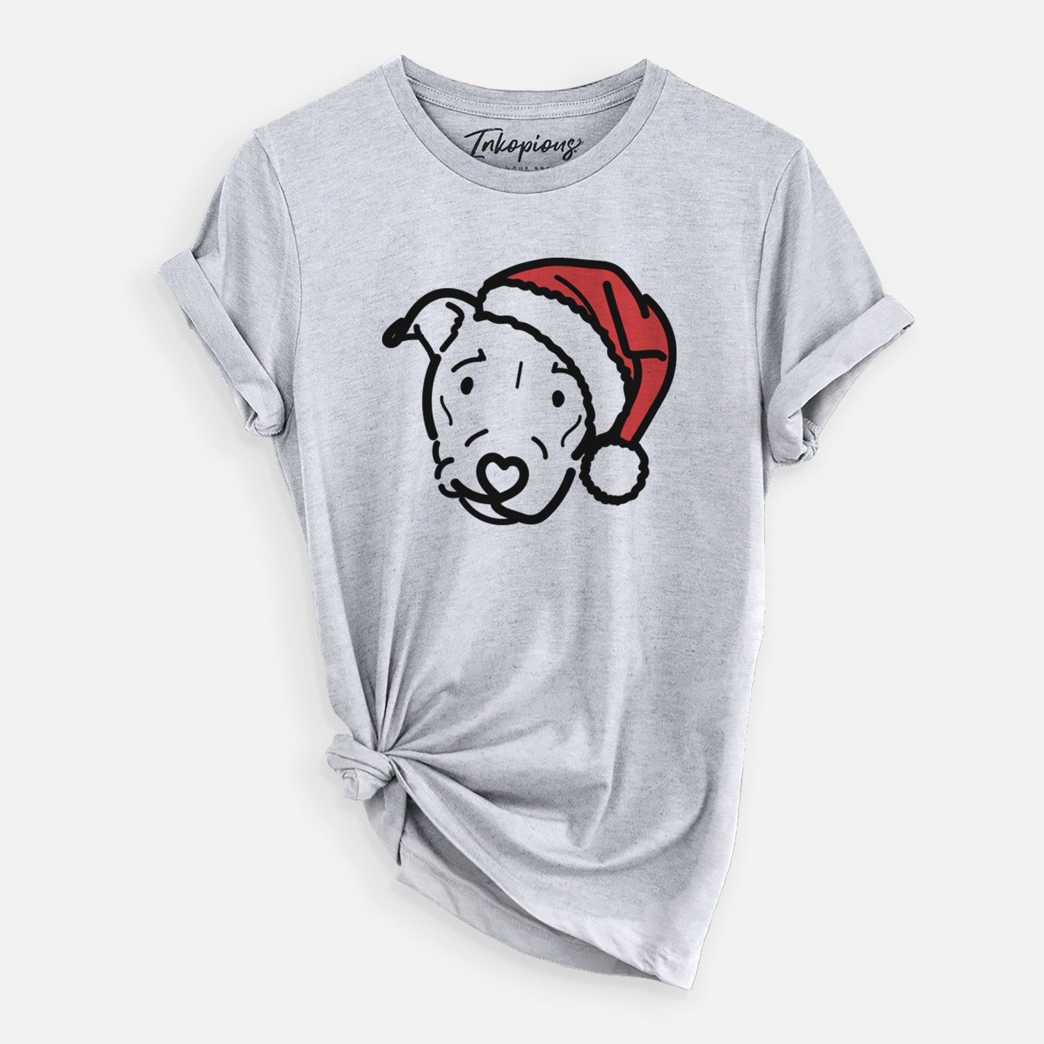 Minimalist line drawing of Ernie the Pitbull Mix wearing a Santa hat on a Grey Unisex crewneck