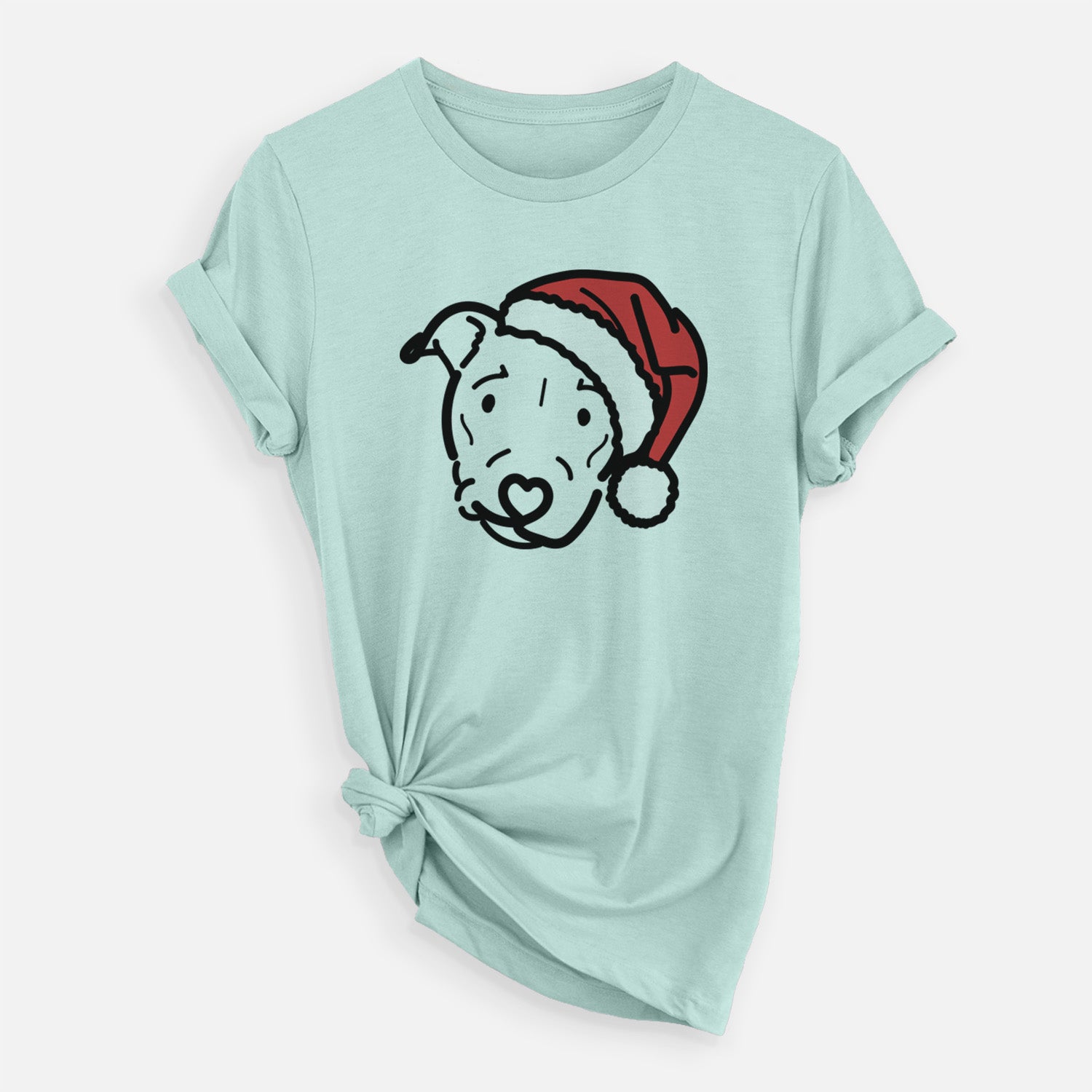 Minimalist line drawing of Ernie the Pitbull Mix wearing a Santa hat on a Heather Sage Unisex crewneck