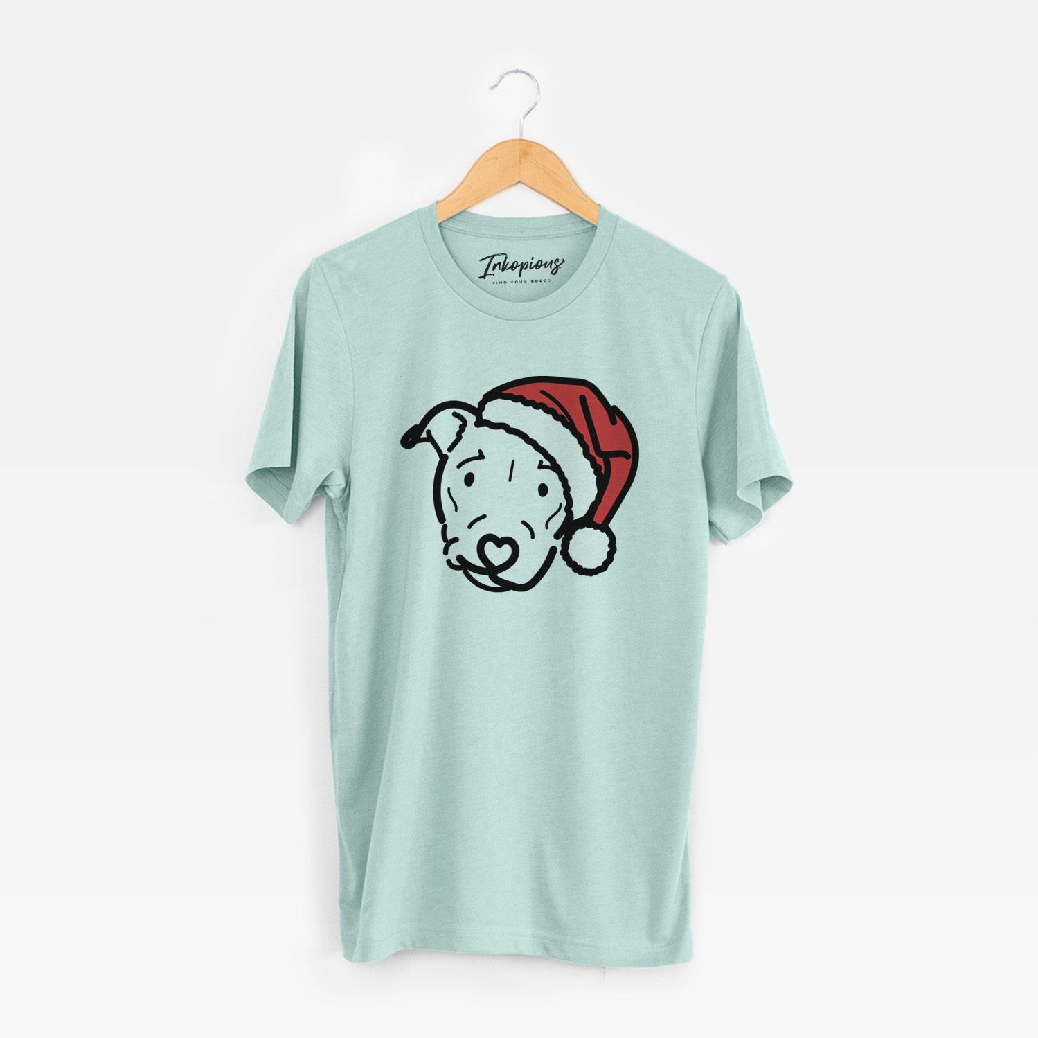 Minimalist line drawing of Ernie the Pitbull Mix wearing a Santa hat on a Heather Sage Unisex crewneck