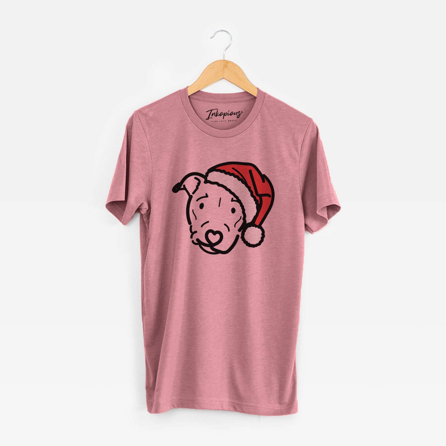 Minimalist line drawing of Ernie the Pitbull Mix wearing a Santa hat on a Mauve Unisex crewneck