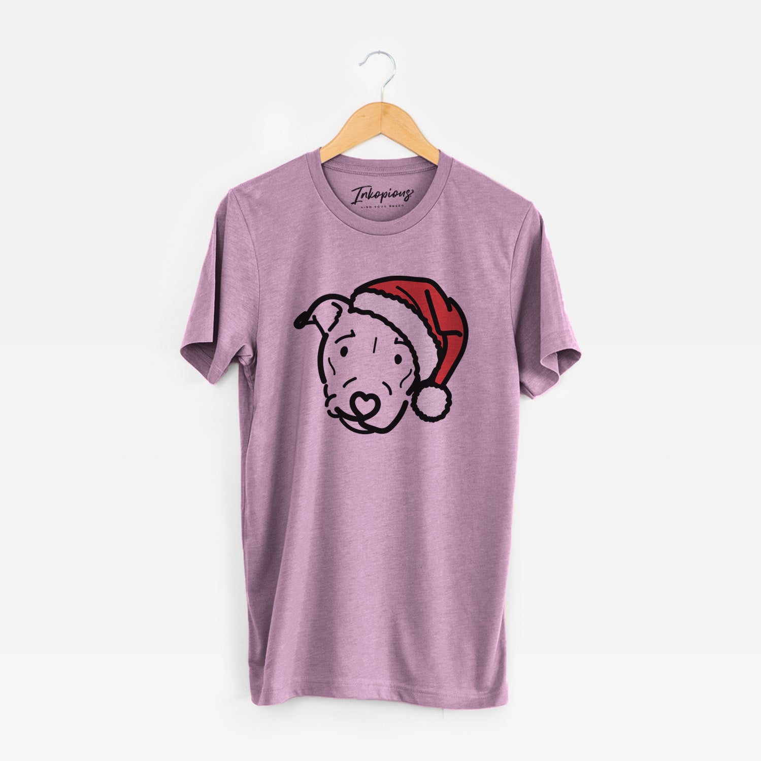 Minimalist line drawing of Ernie the Pitbull Mix wearing a Santa hat on an Orchid Unisex crewneck