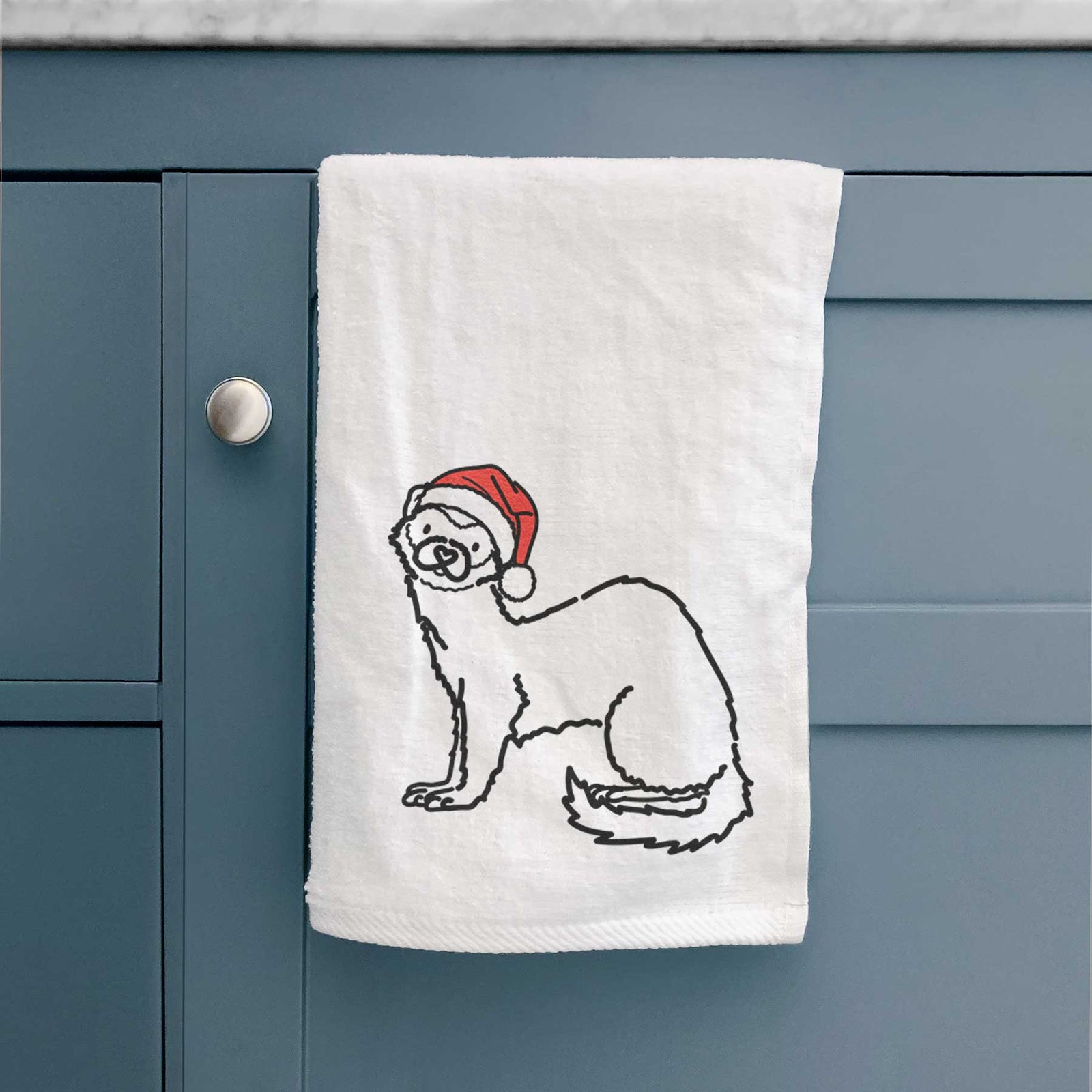 Minimalist line drawing of Fern the Ferret wearing a Santa hat on a decorative hand towel