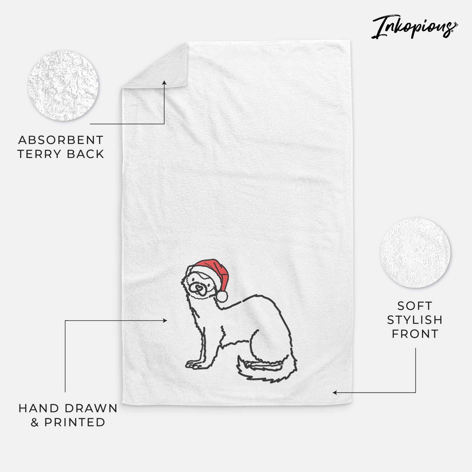 Minimalist line drawing of Fern the Ferret wearing a Santa hat on a decorative hand towel