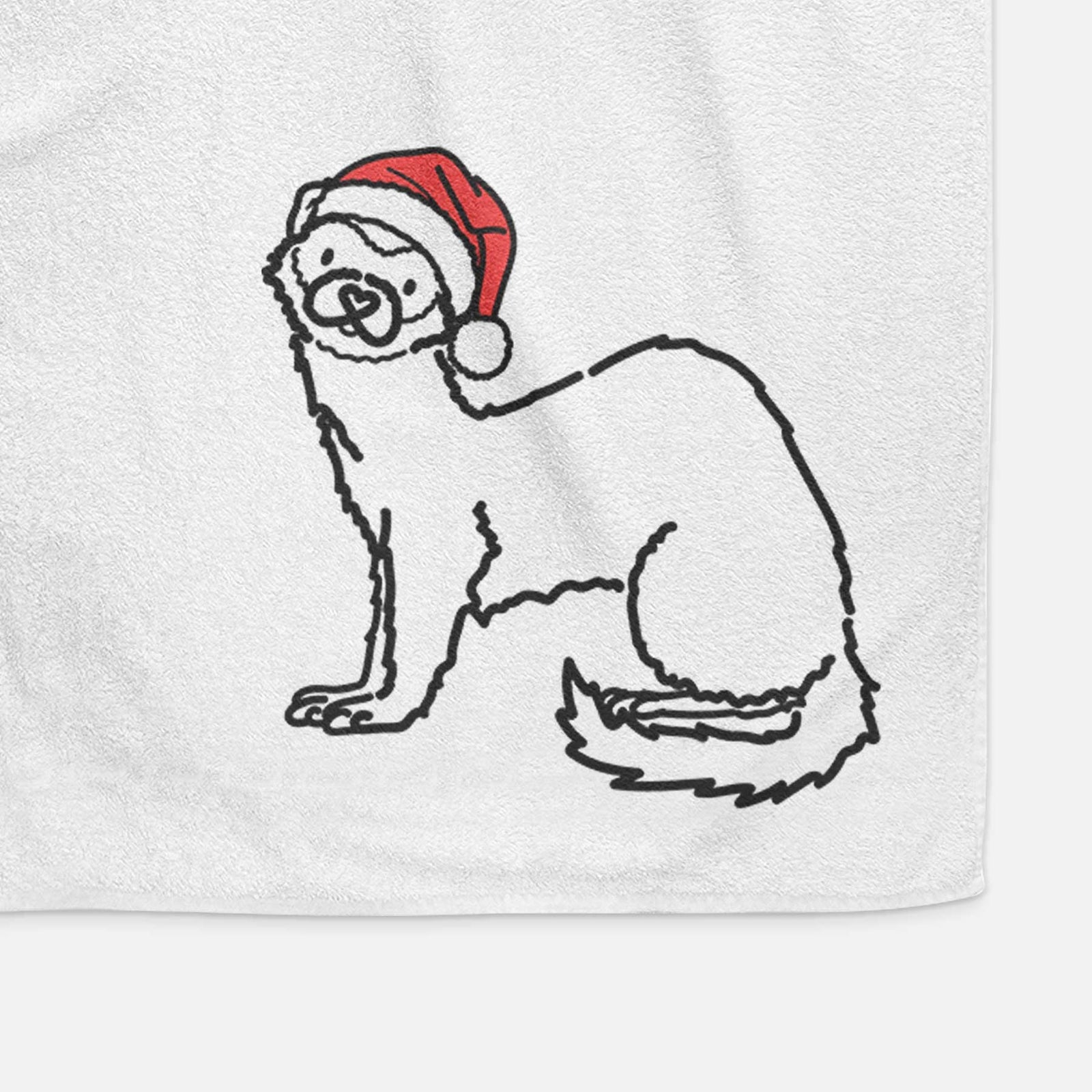 Minimalist line drawing of Fern the Ferret wearing a Santa hat on a decorative hand towel