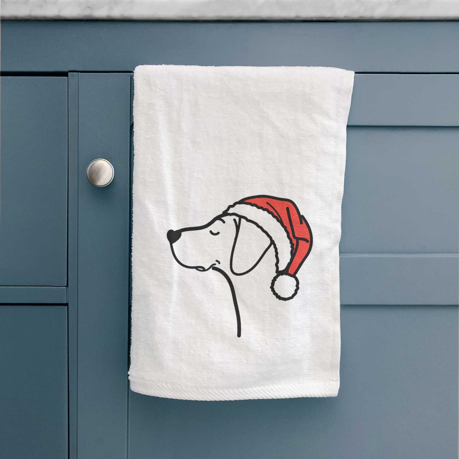 Minimalist line drawing of a German Shorthaired Pointer wearing a Santa hat on a decorative hand towel