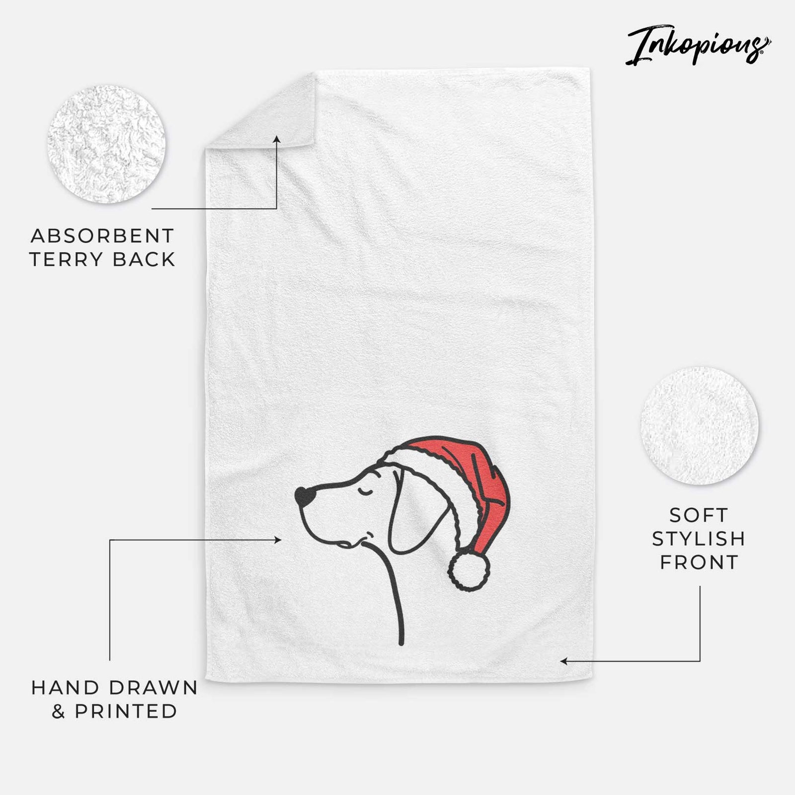 Minimalist line drawing of a German Shorthaired Pointer wearing a Santa hat on a decorative hand towel