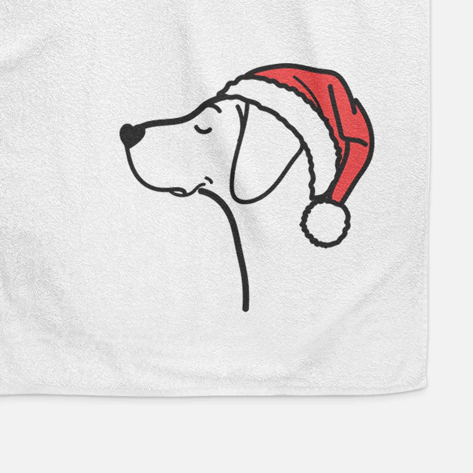Minimalist line drawing of a German Shorthaired Pointer wearing a Santa hat on a decorative hand towel
