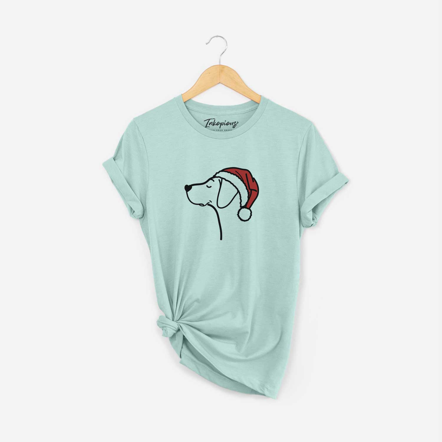 Minimalist line drawing of a German Shorthaired Pointer wearing a Santa hat on a Heather Sage Unisex crewneck