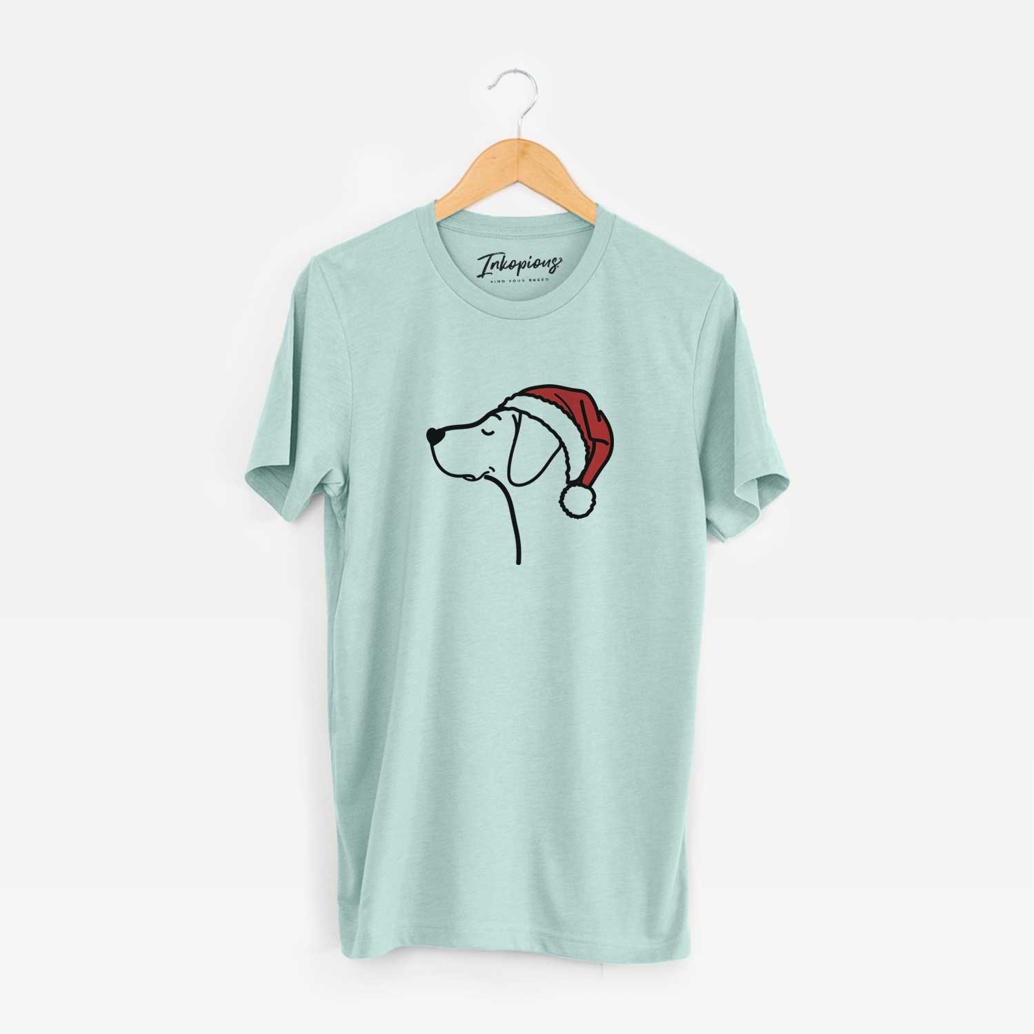 Minimalist line drawing of a German Shorthaired Pointer wearing a Santa hat on a Heather Sage Unisex crewneck