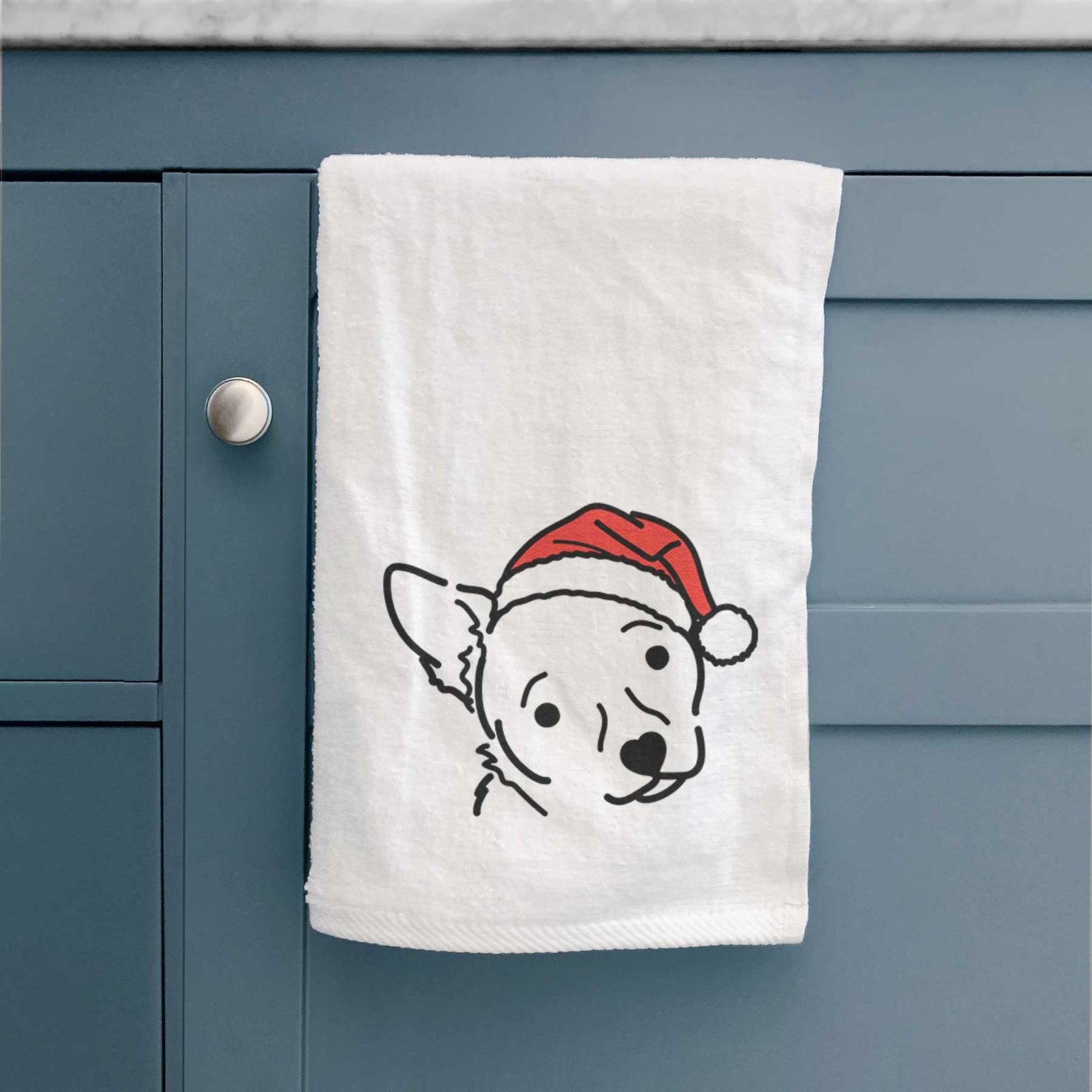 Minimalist line drawing of GiGi the Chihuahua Mix wearing a Santa hat on a decorative hand towel