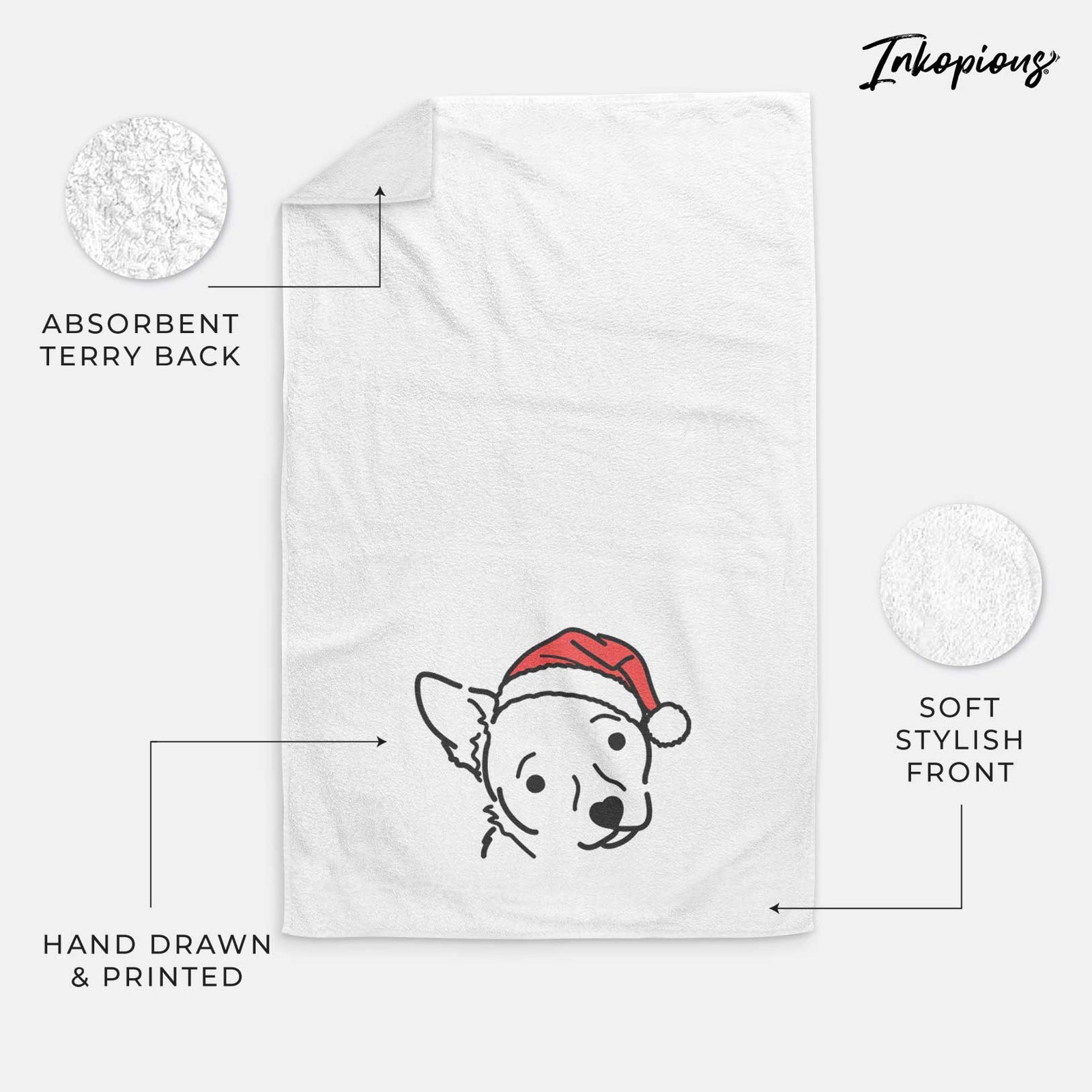 Minimalist line drawing of GiGi the Chihuahua Mix wearing a Santa hat on a decorative hand towel