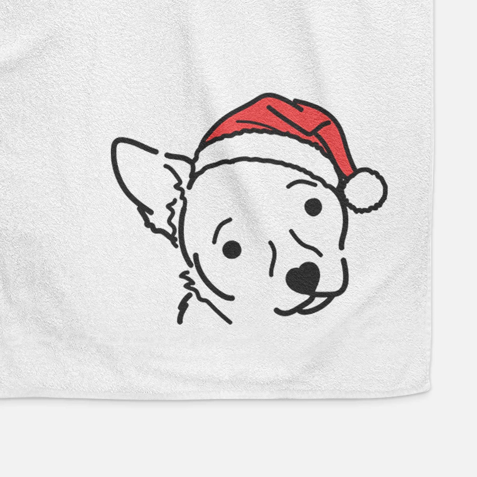 Minimalist line drawing of GiGi the Chihuahua Mix wearing a Santa hat on a decorative hand towel