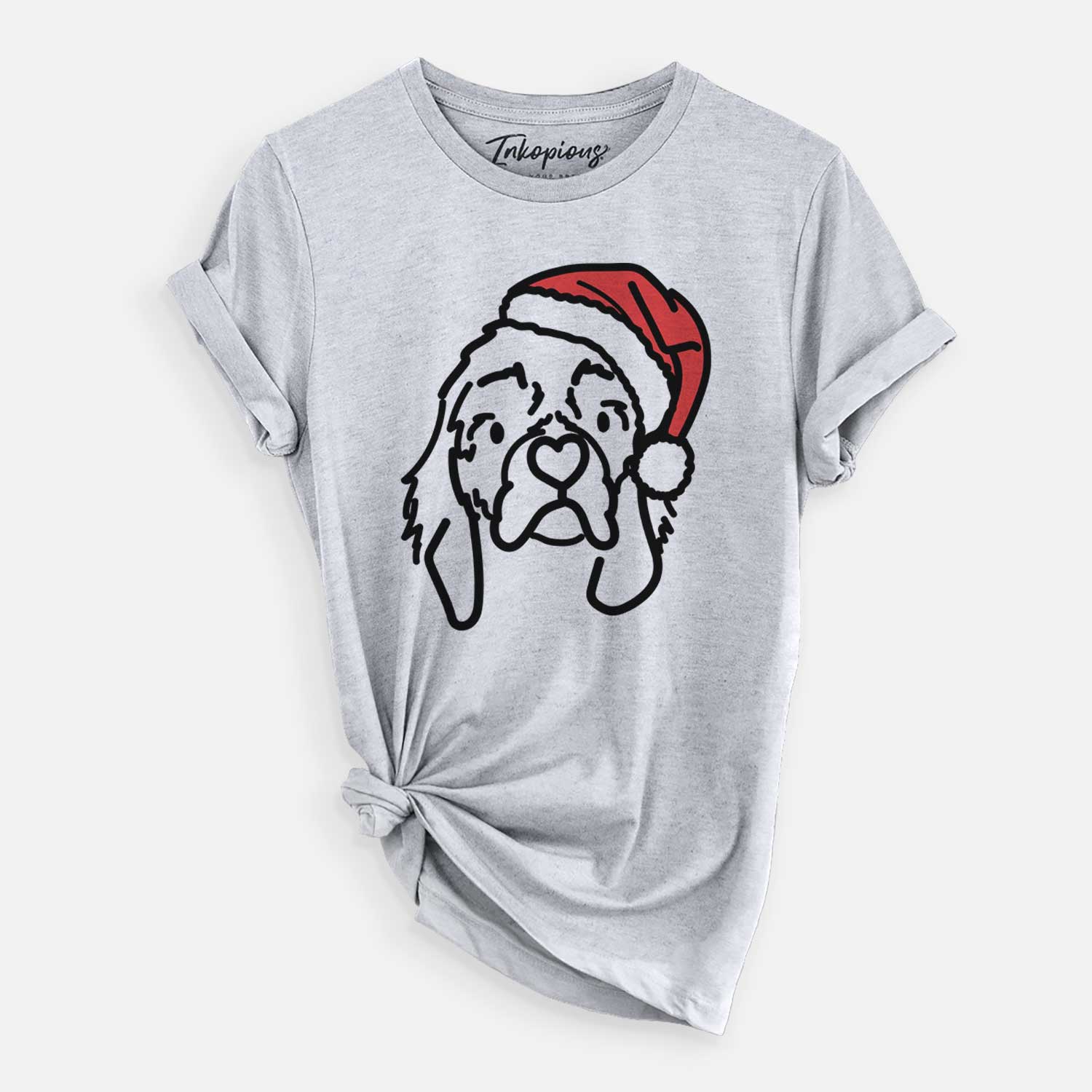 Minimalist line drawing of GiGi the Cocker Spaniel wearing a Santa hat on a Grey Unisex crewneck