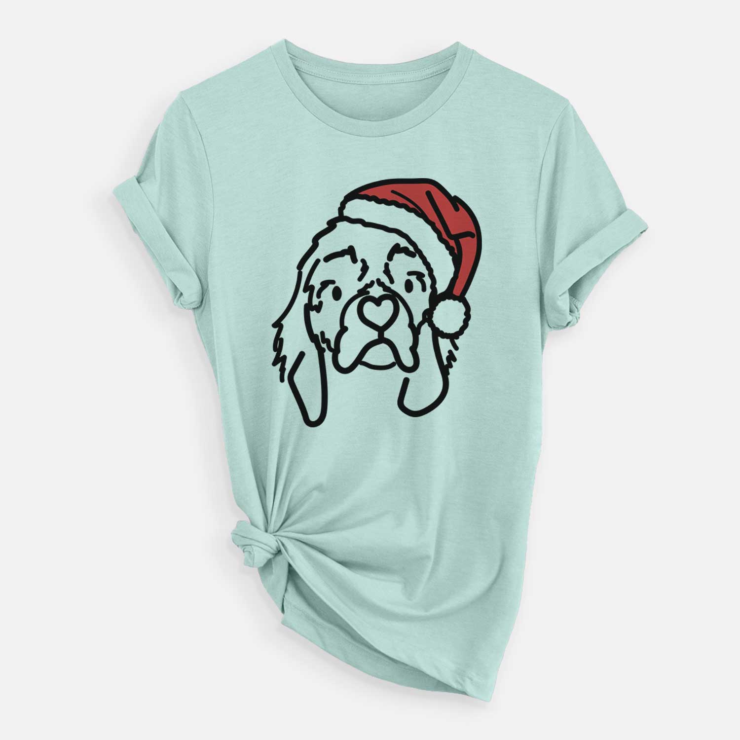 Minimalist line drawing of GiGi the Cocker Spaniel wearing a Santa hat on a Heather Sage Unisex crewneck