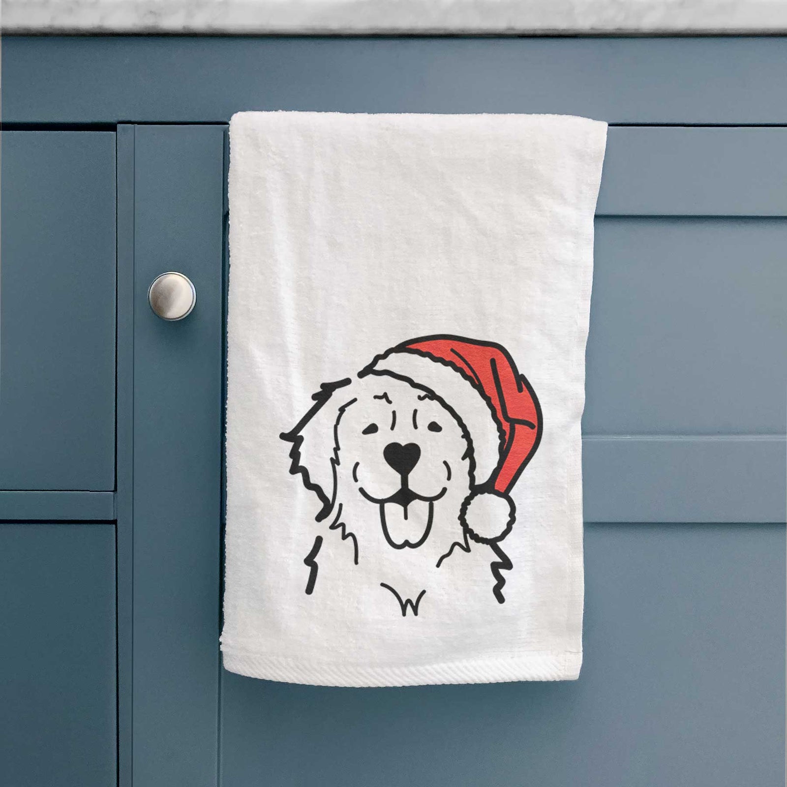 Minimalist line drawing of a Golden Retriever wearing a Santa hat on a decorative hand towel