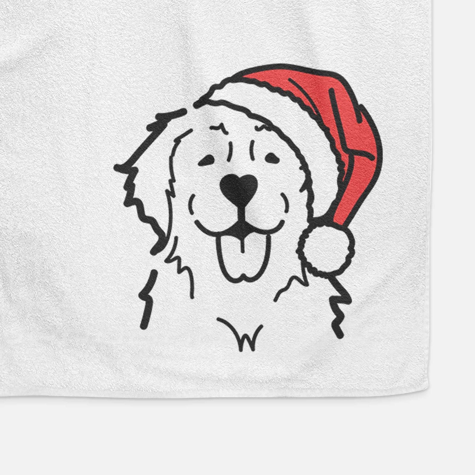 Minimalist line drawing of a Golden Retriever wearing a Santa hat on a decorative hand towel