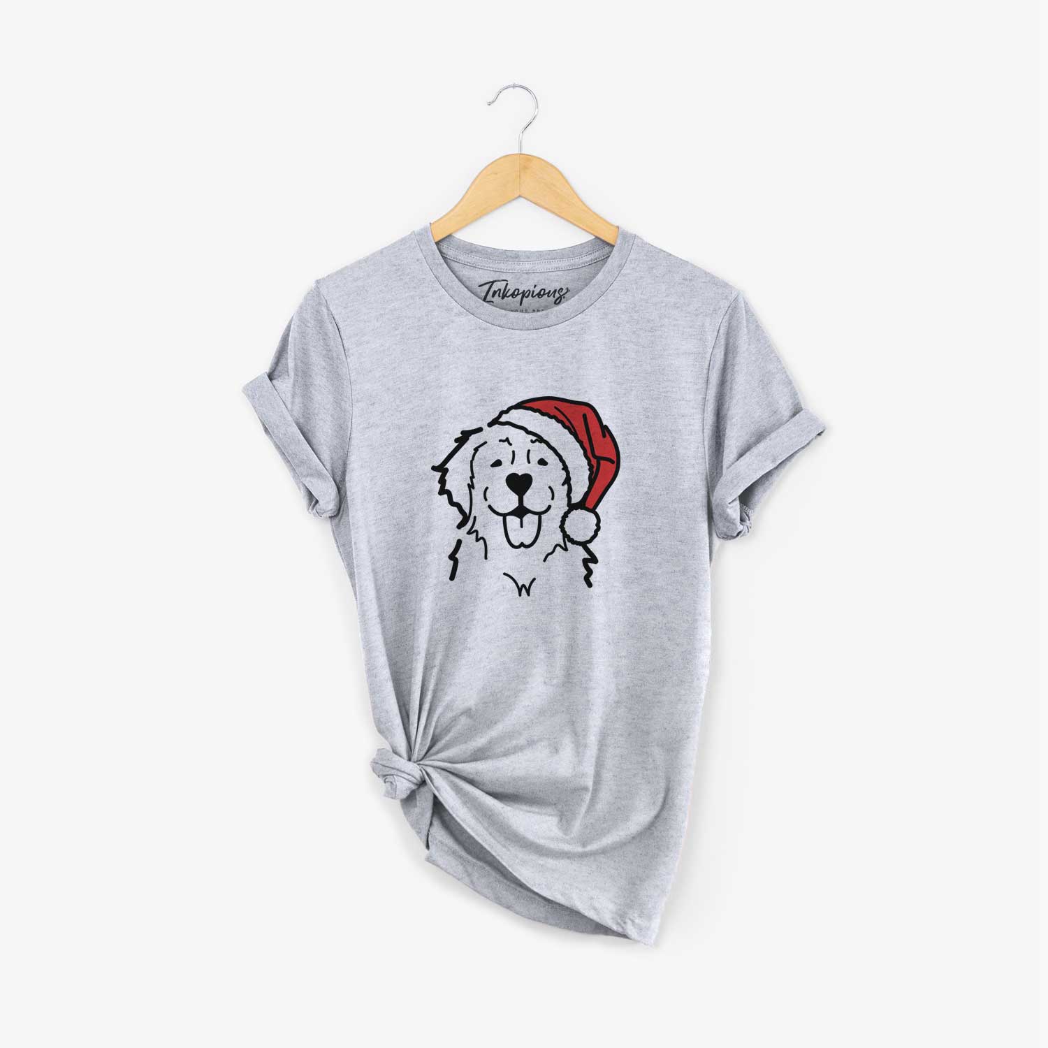 Minimalist line drawing of a Golden Retriever wearing a Santa hat on a Grey Unisex crewneck