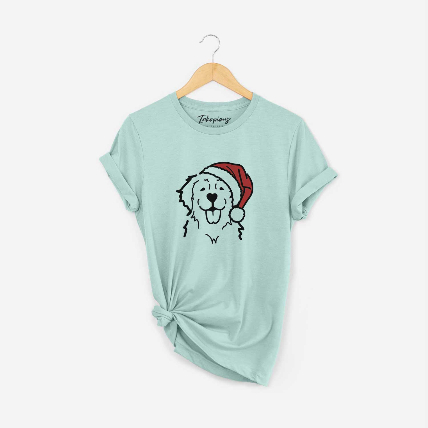Minimalist line drawing of a Golden Retriever wearing a Santa hat on a Heather Sage Unisex crewneck