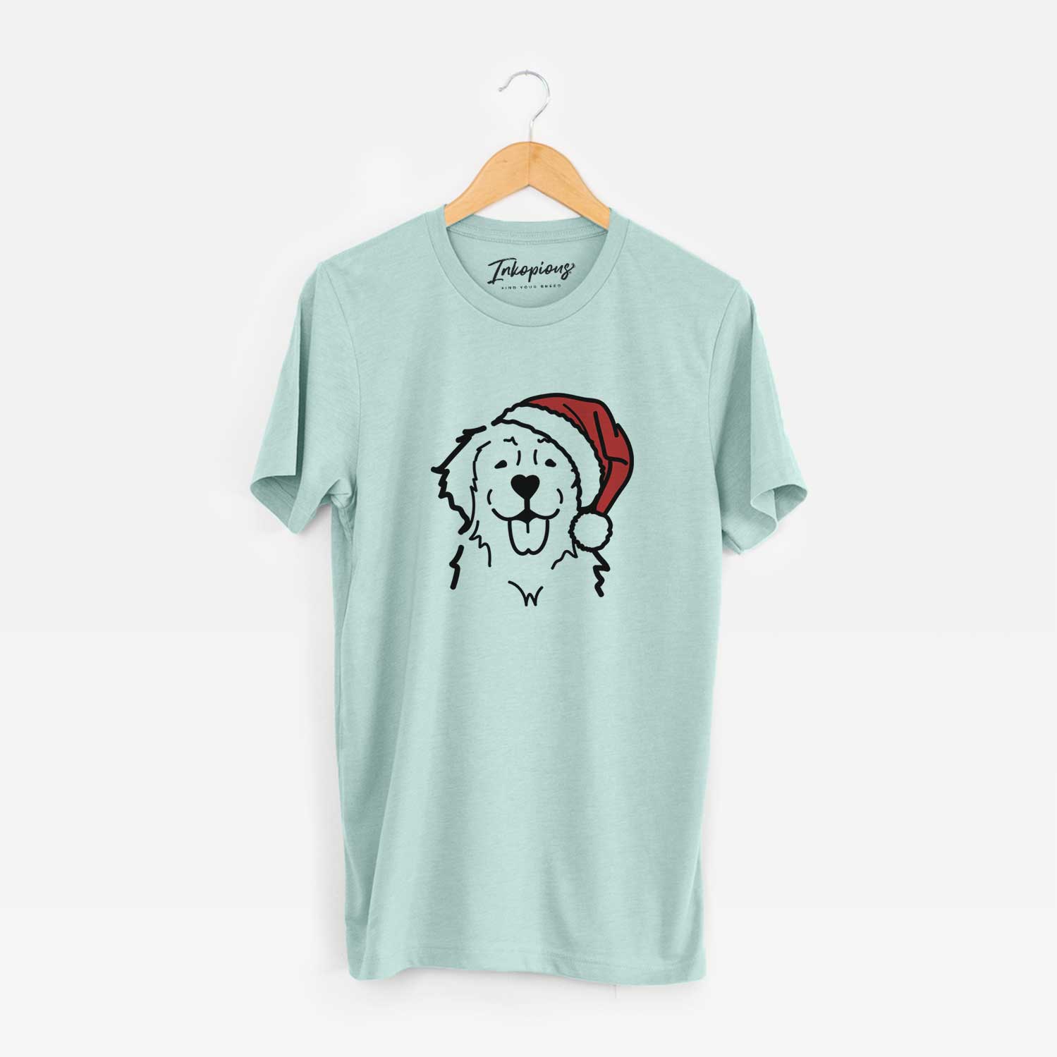 Minimalist line drawing of a Golden Retriever wearing a Santa hat on a Heather Sage Unisex crewneck