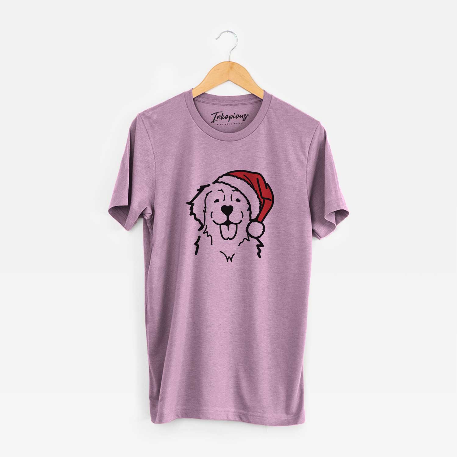 Minimalist line drawing of a Golden Retriever wearing a Santa hat on an Orchid Unisex crewneck