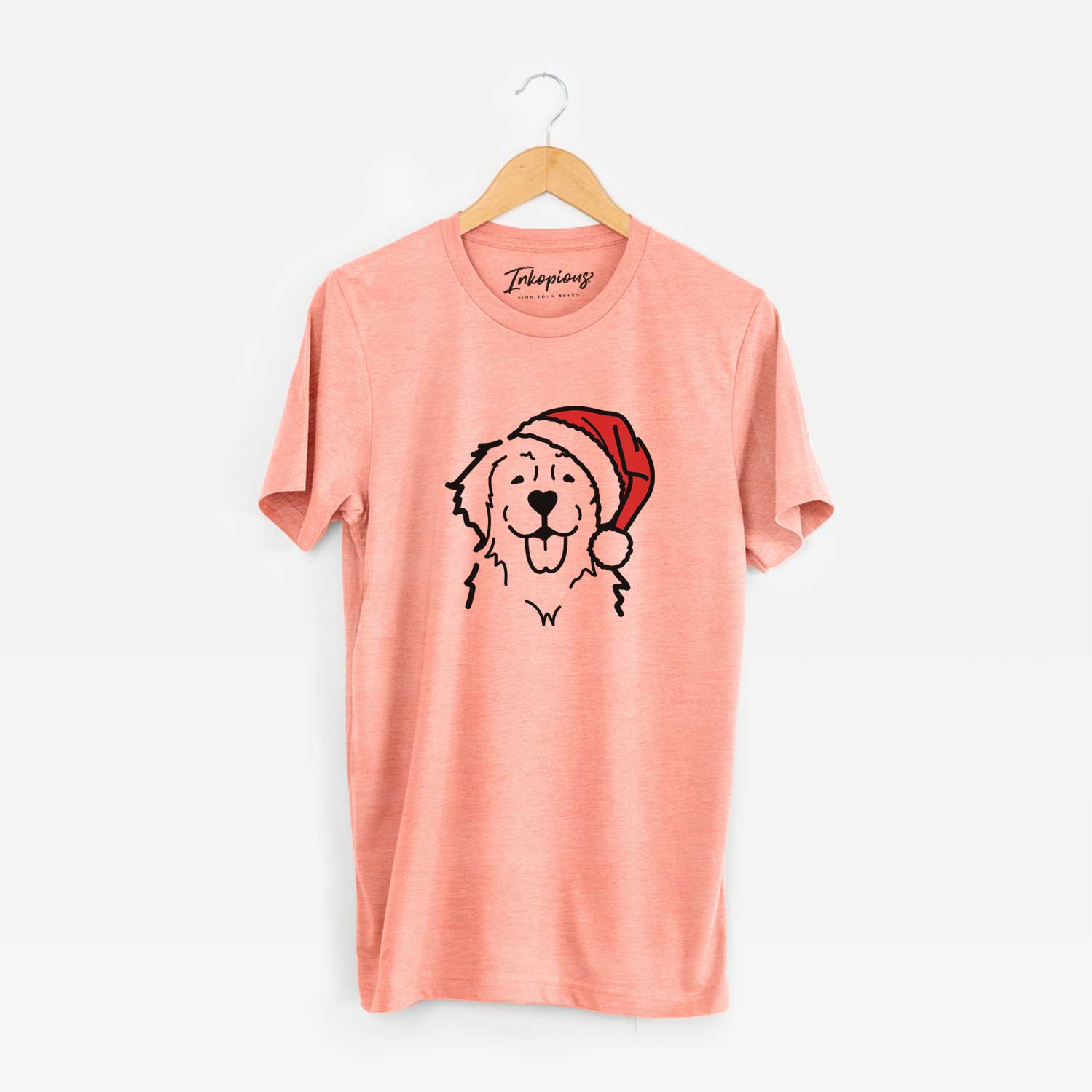 Minimalist line drawing of a Golden Retriever wearing a Santa hat on a Sunset Unisex crewneck