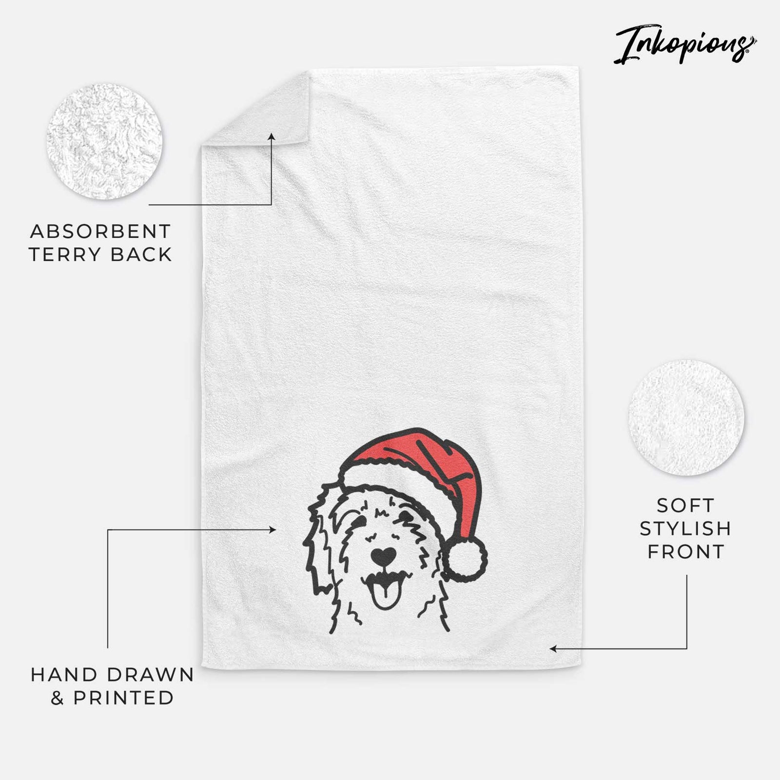 Minimalist line drawing of a Goldendoodle wearing a Santa hat on a decorative hand towel